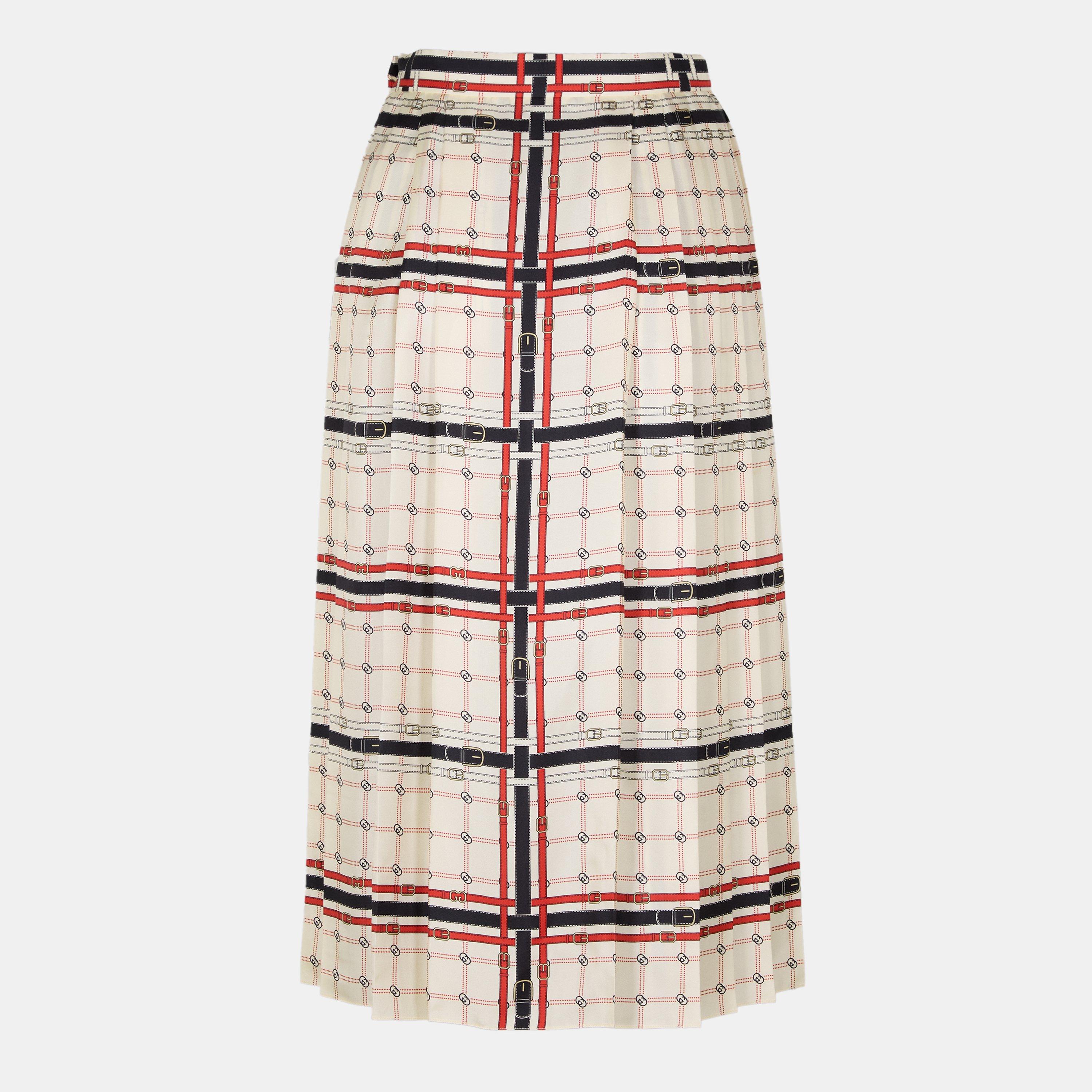 Ivory/Lv Rd/Mc - Gucci - Women's G Chain Silk Midi Skirt - 2