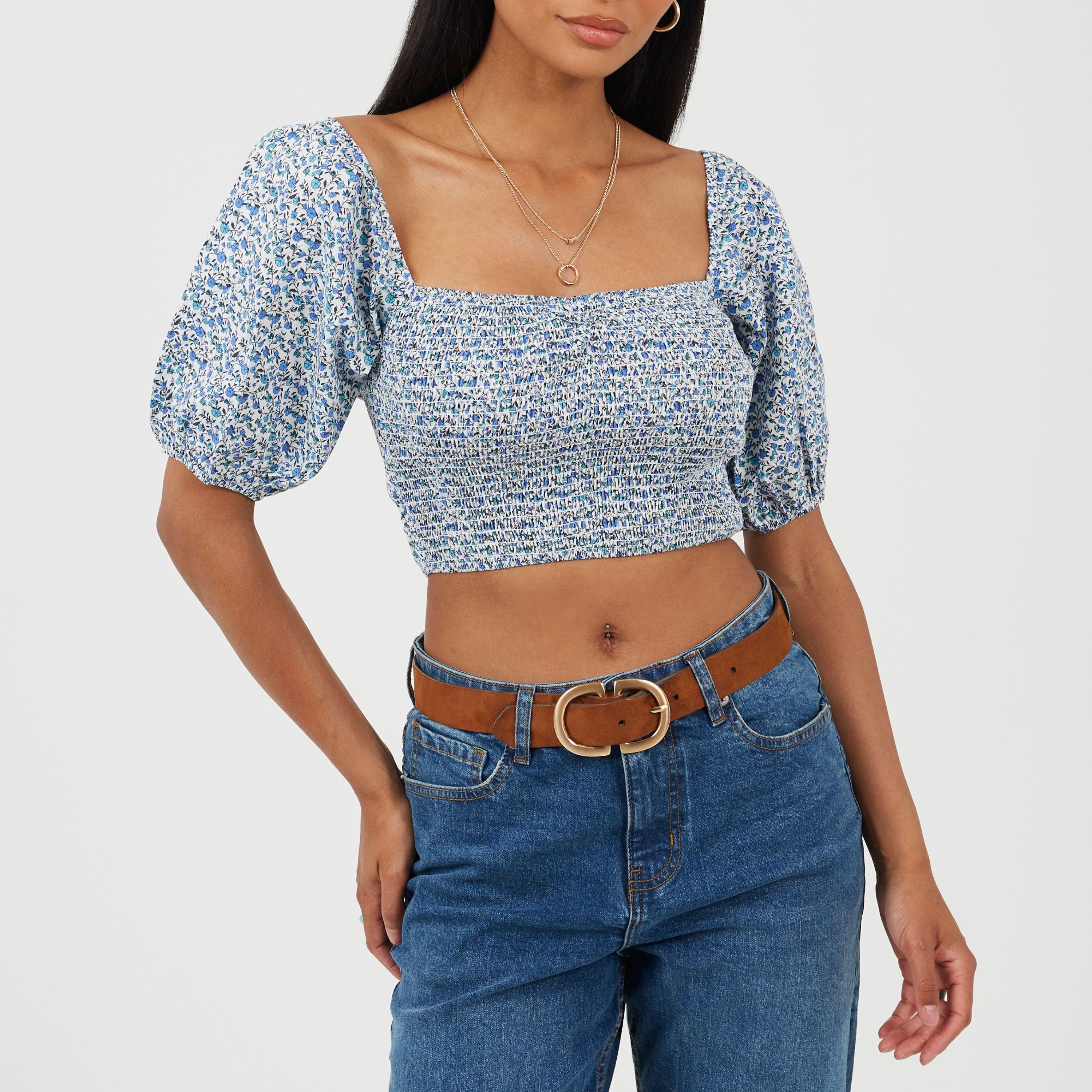 Blue Floral - Brave Soul - Womens Cropped Puff Sleeve Top with Shirred Body - 1