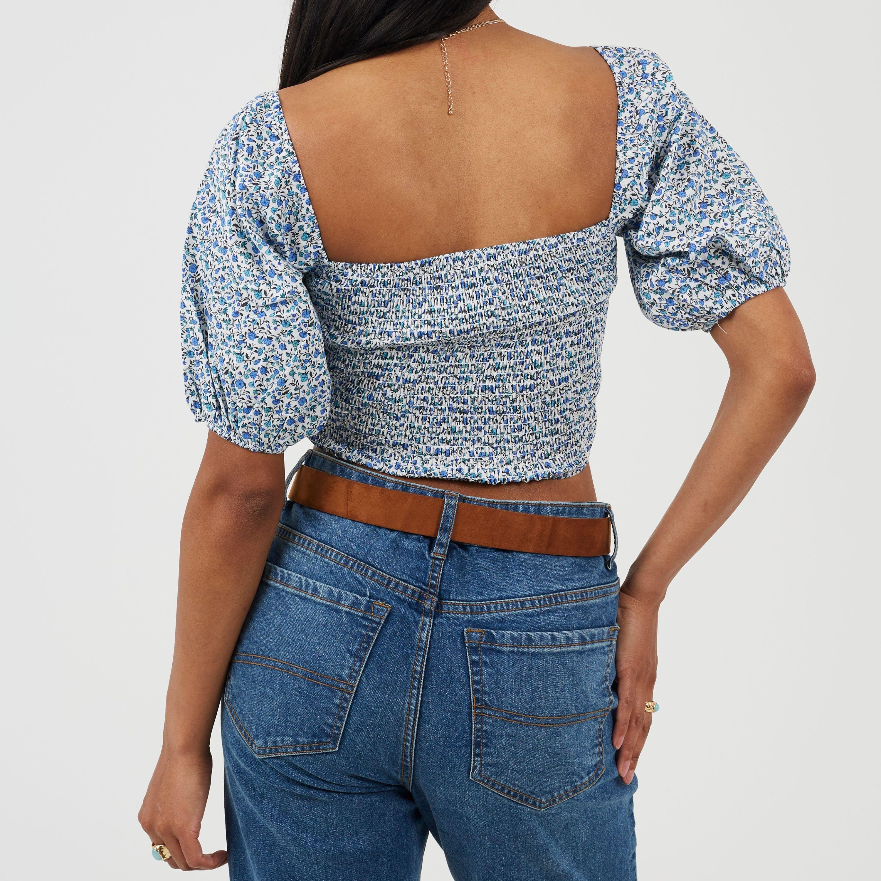 Blue Floral - Brave Soul - Womens Cropped Puff Sleeve Top with Shirred Body - 2