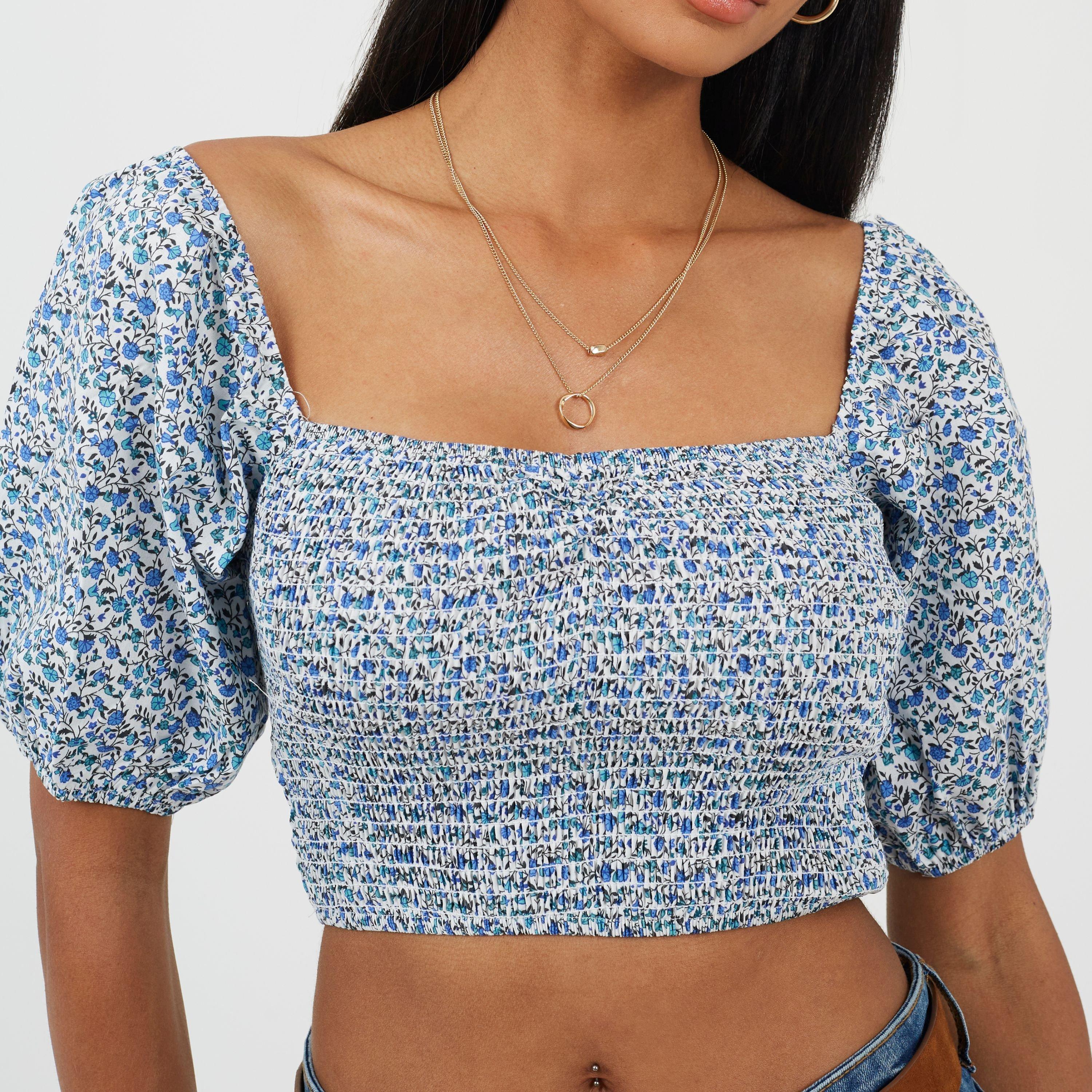 Blue Floral - Brave Soul - Womens Cropped Puff Sleeve Top with Shirred Body - 3
