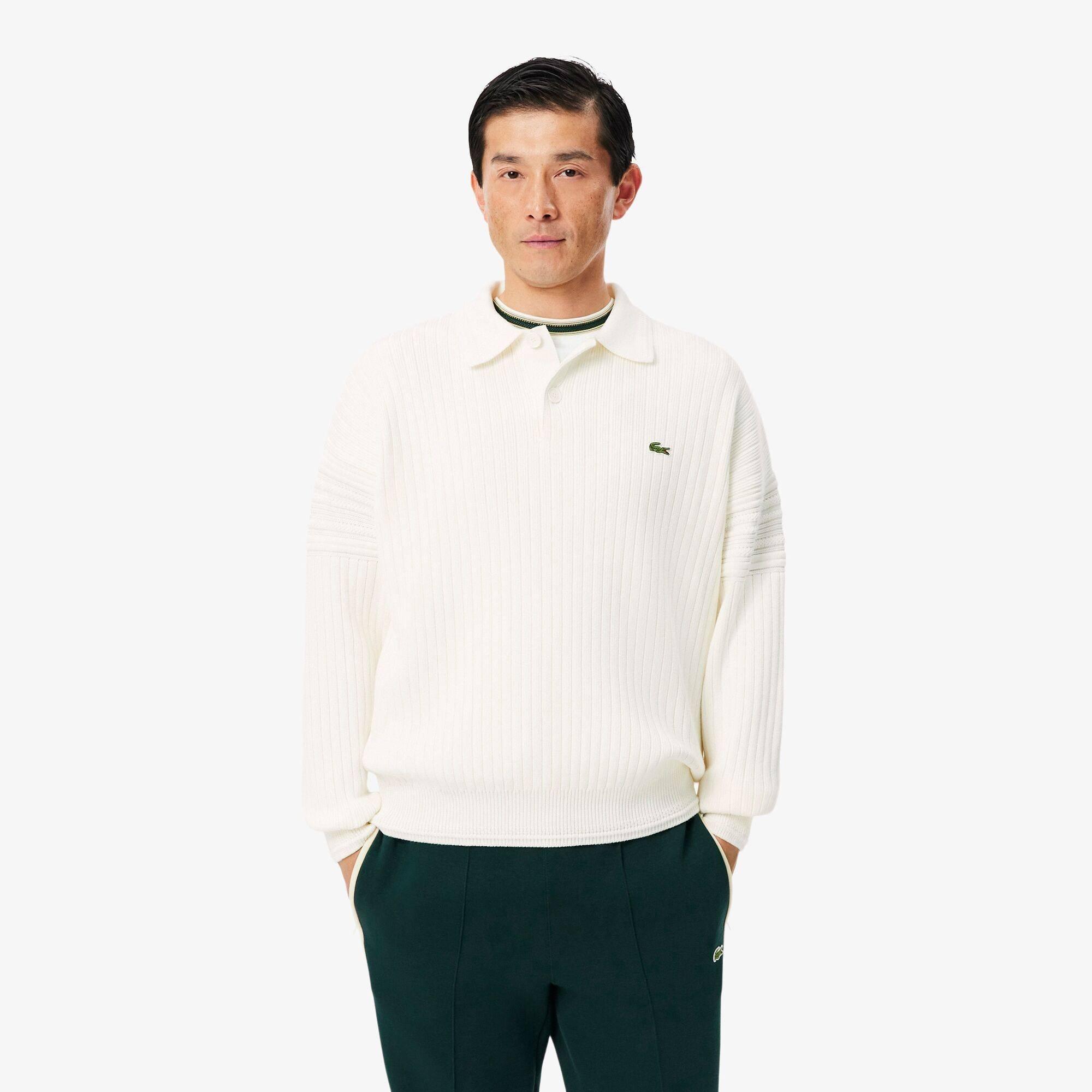 White 70V - Lacoste - Men's Rugby Cotton Long-Sleeve Ribbed Knit Polo Shirt - 2