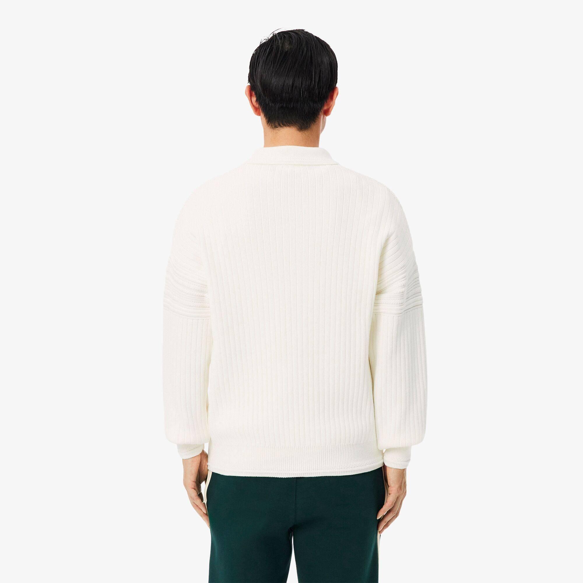 White 70V - Lacoste - Men's Rugby Cotton Long-Sleeve Ribbed Knit Polo Shirt - 3