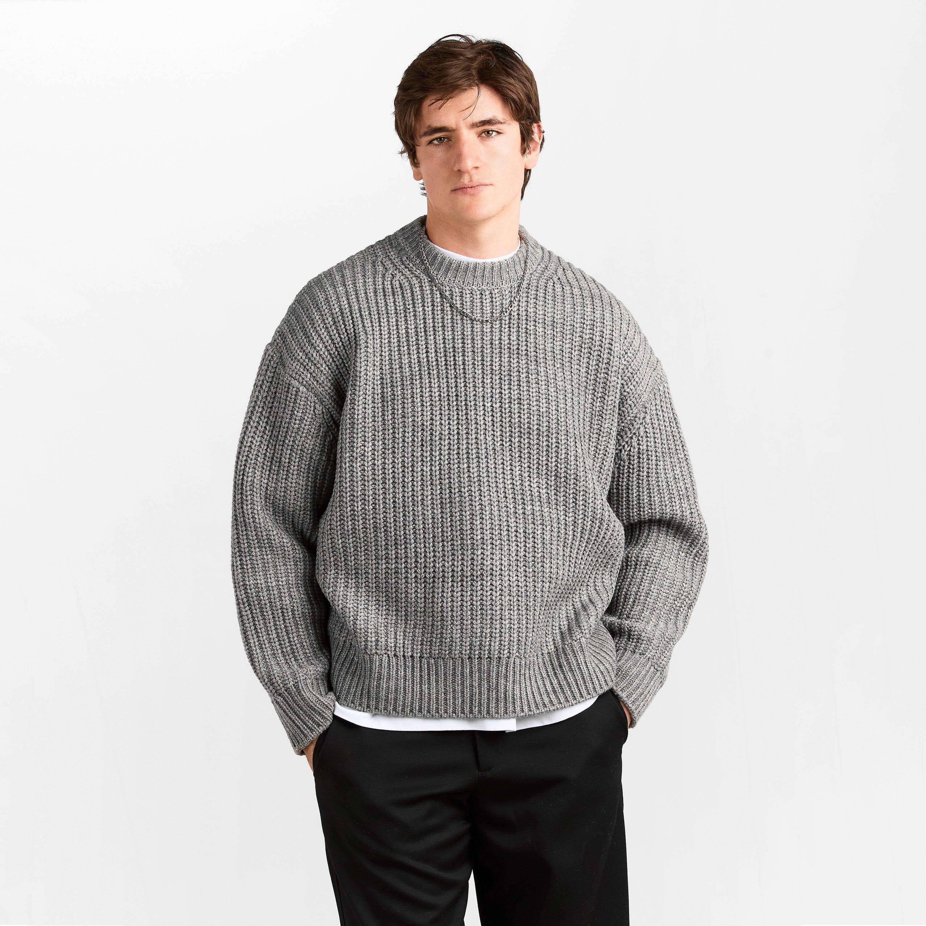 Grey Melange - MKI MIYUKI ZOKU - Men's Chunky Crew Neck Jumper - 3