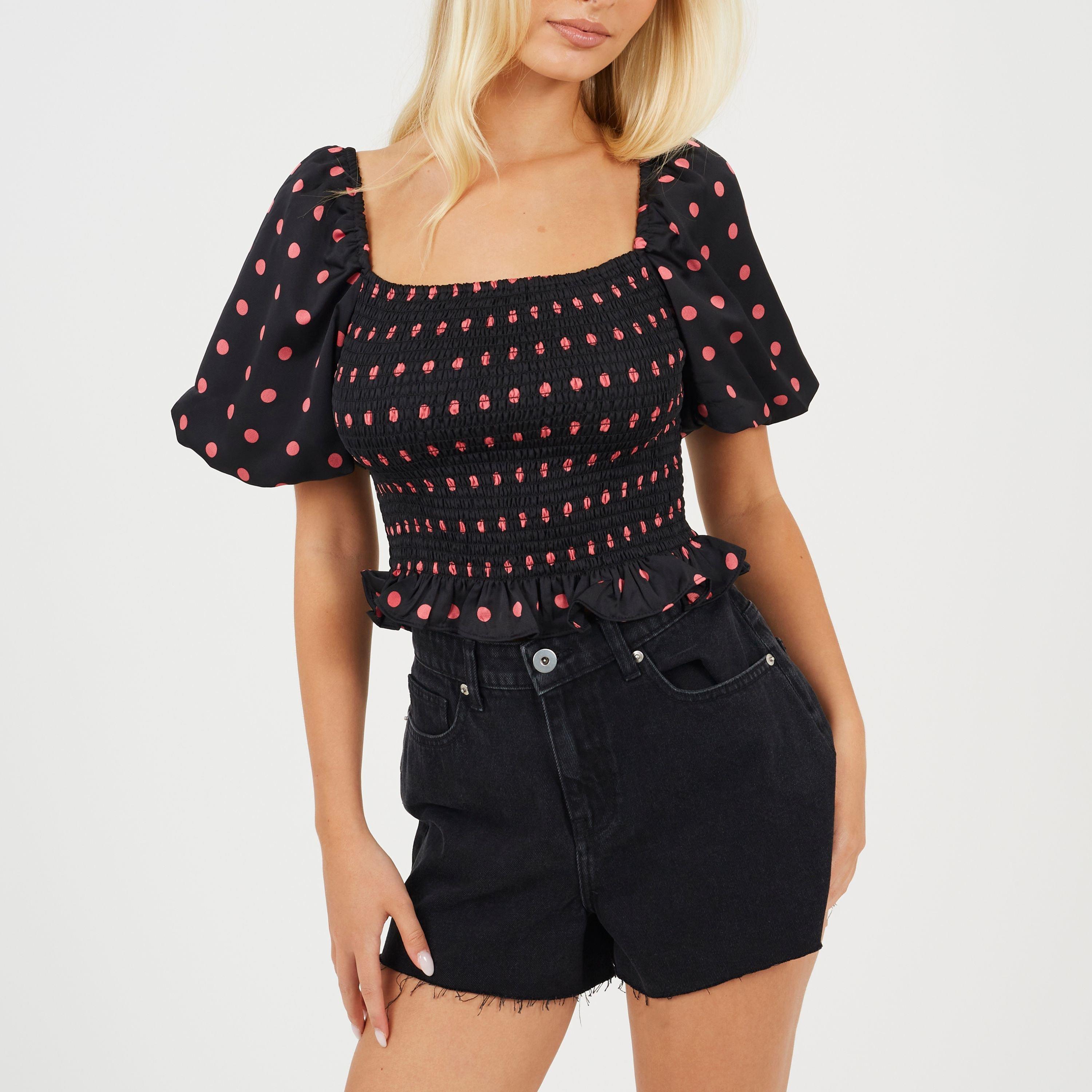 Black/Pink - Brave Soul - Womens Puff Sleeve Shirred Bust Polka Dot Top - 1