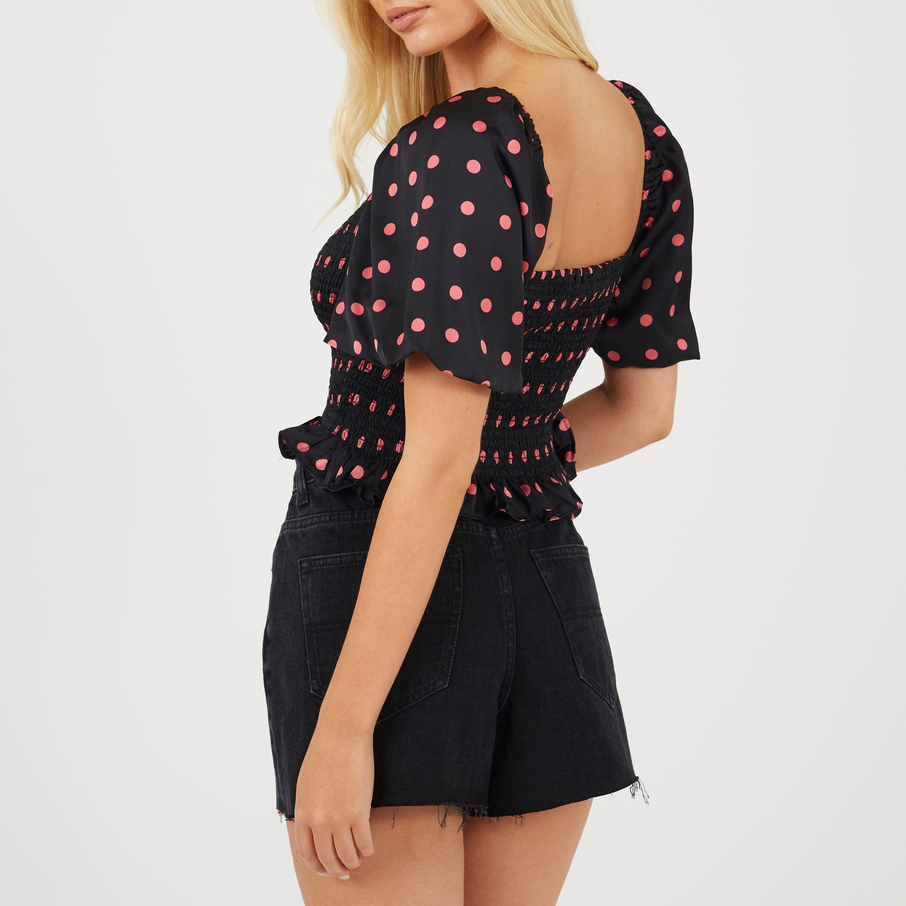 Black/Pink - Brave Soul - Womens Puff Sleeve Shirred Bust Polka Dot Top - 2