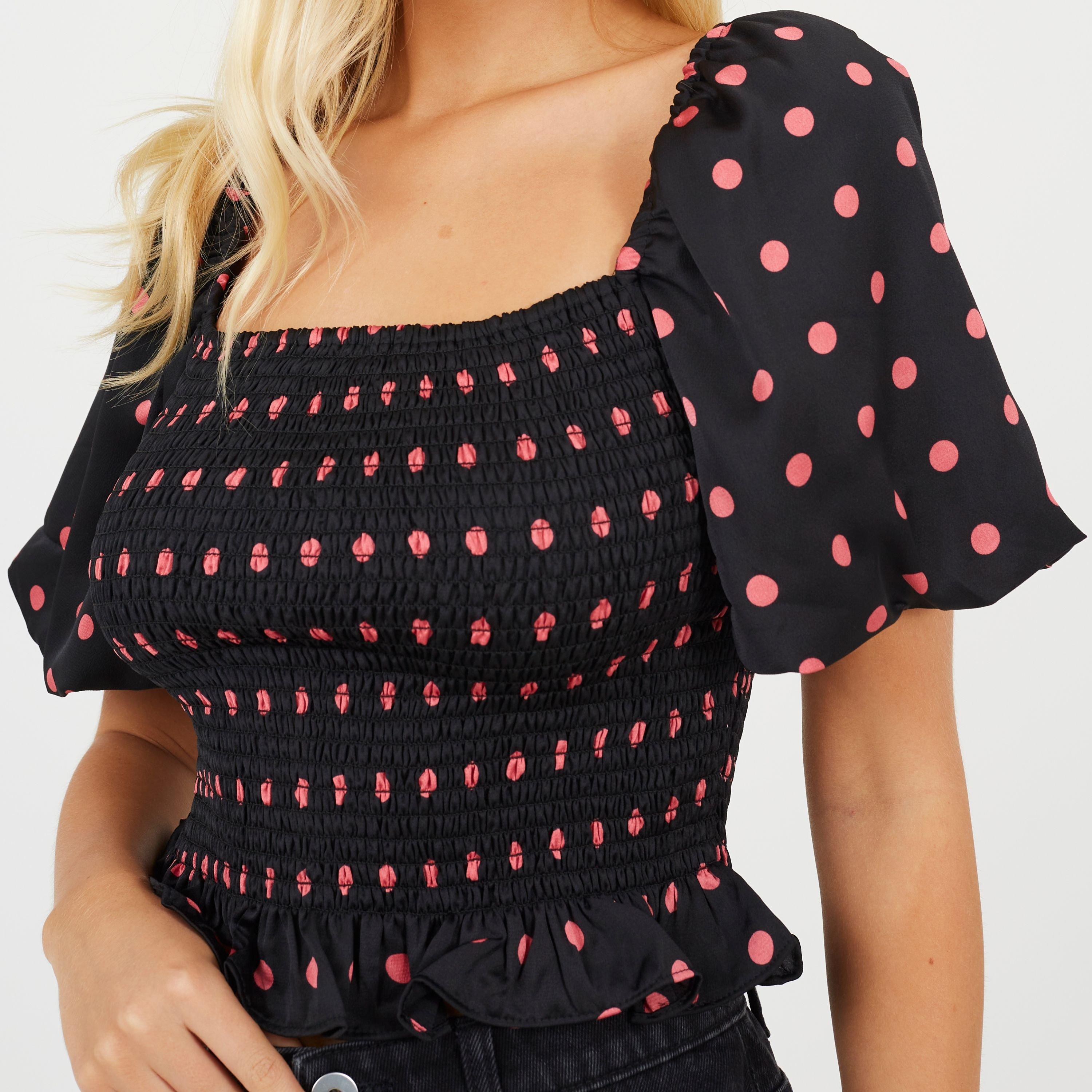 Black/Pink - Brave Soul - Womens Puff Sleeve Shirred Bust Polka Dot Top - 3