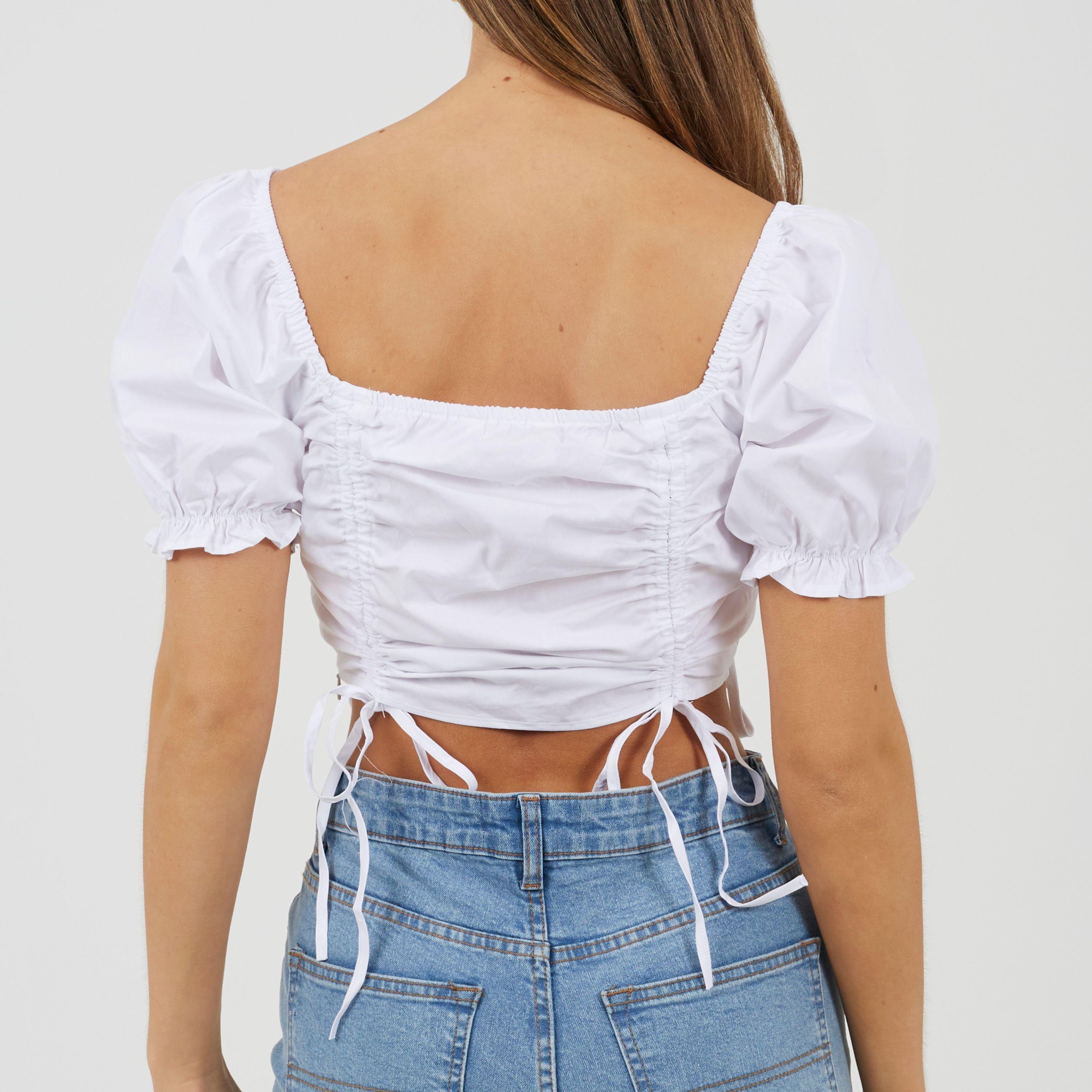 White - Brave Soul - S Womens Puff Sleeve Top with Ruched and Tie Details. - 2
