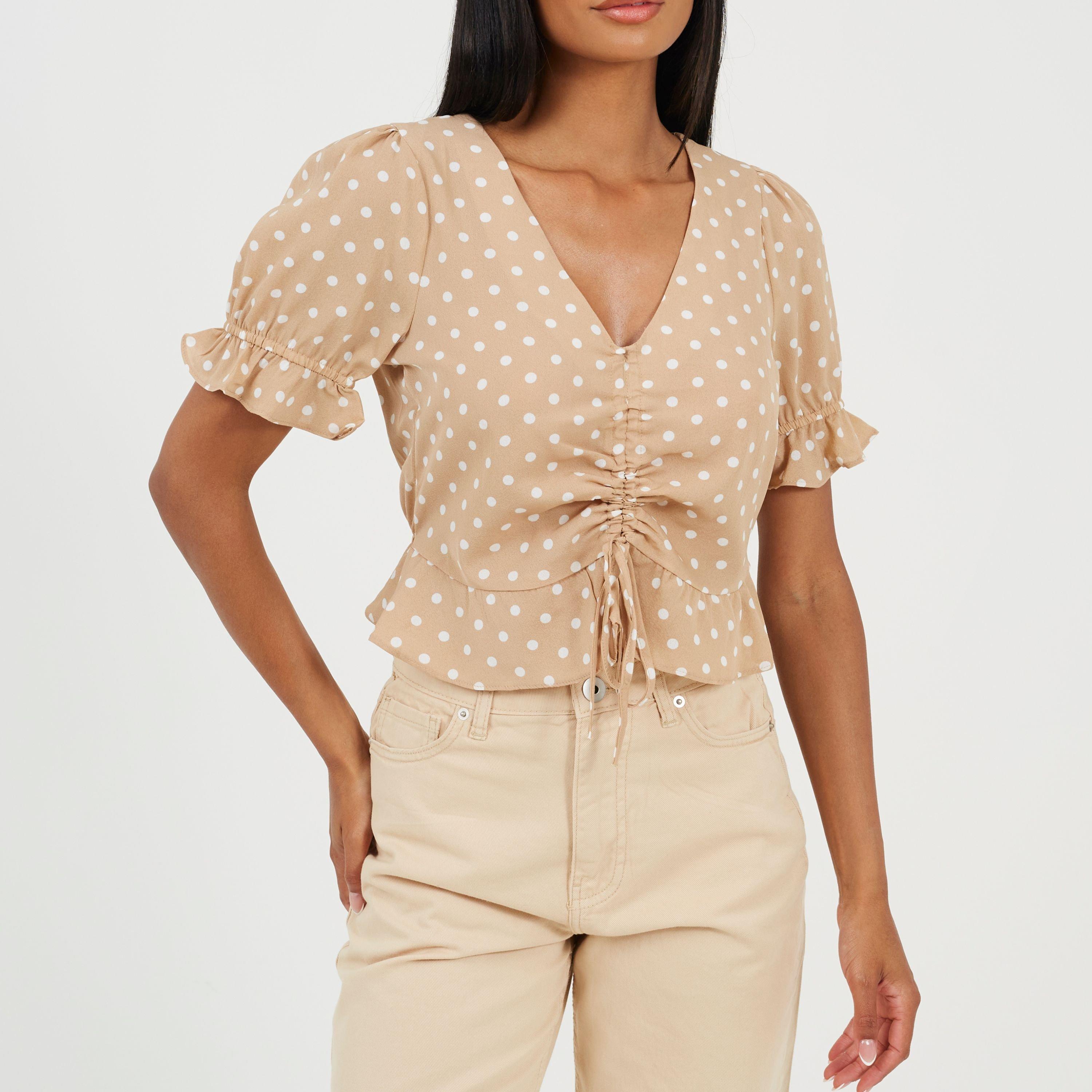 Stone/White - Brave Soul - Womens Short Sleeve Polka Dot Top with Centre Ruching - 1