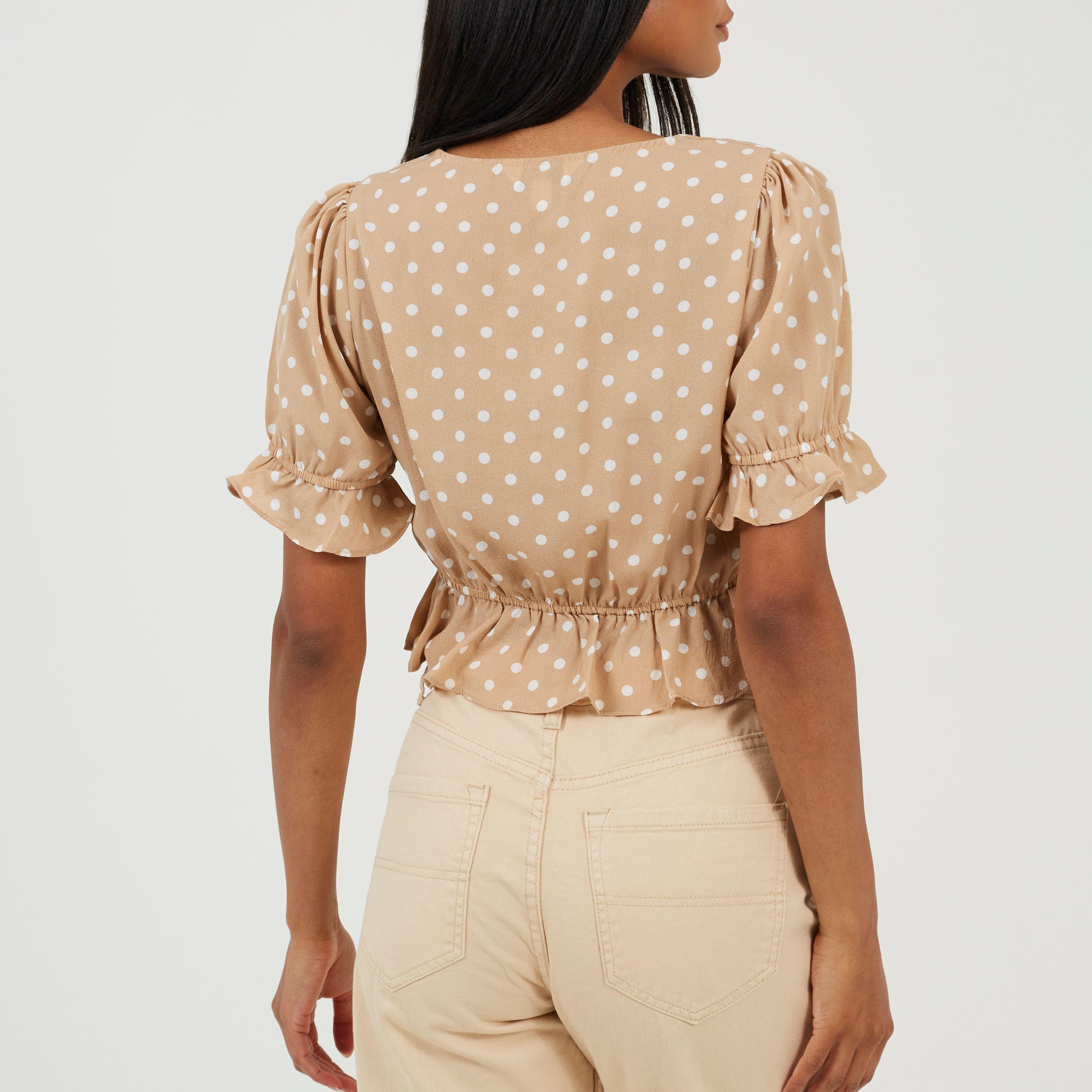 Stone/White - Brave Soul - Womens Short Sleeve Polka Dot Top with Centre Ruching - 2