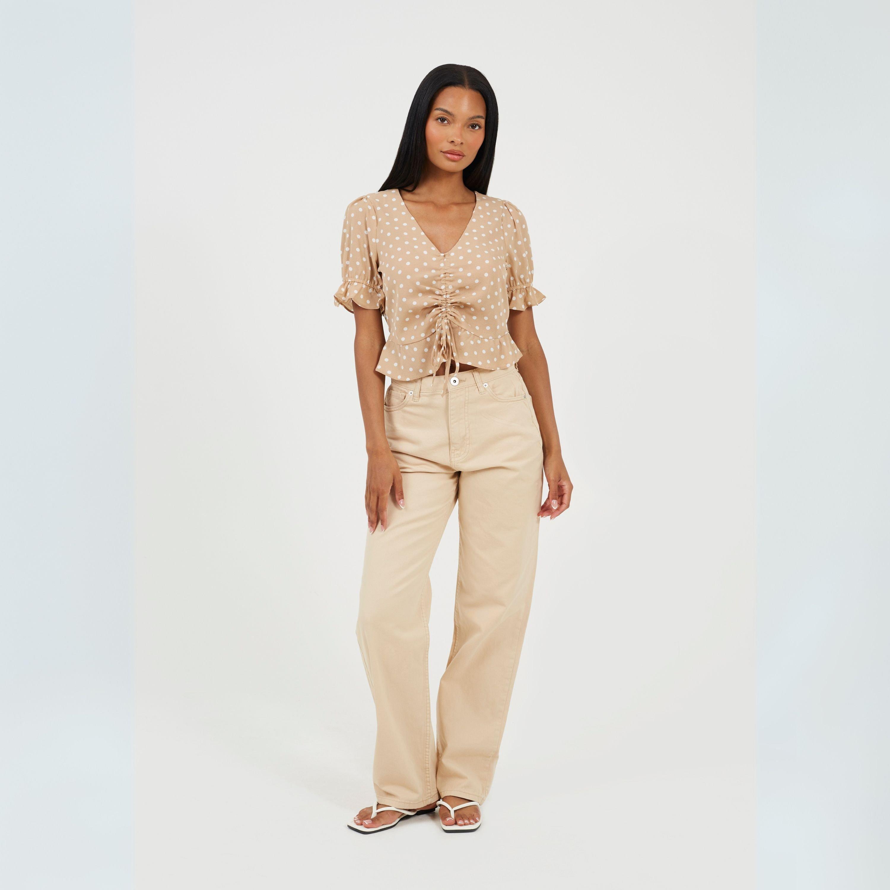 Stone/White - Brave Soul - Womens Short Sleeve Polka Dot Top with Centre Ruching - 4