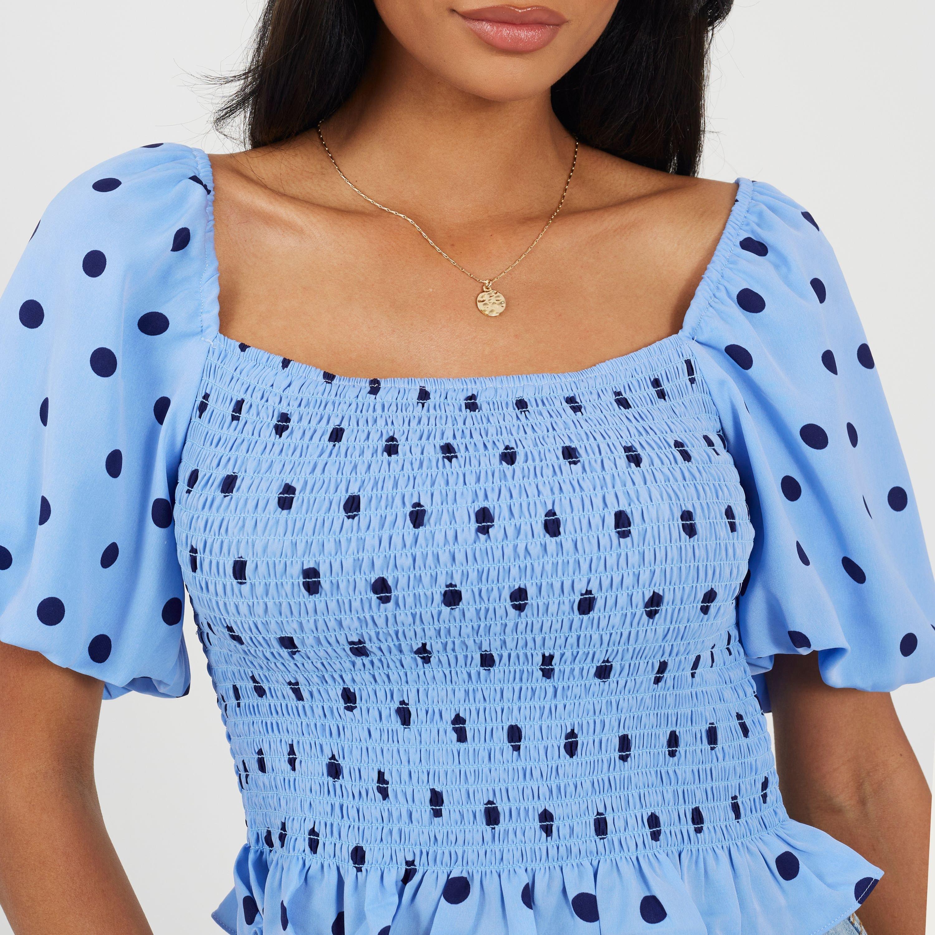 Plava/Mornarska - Brave Soul - Womens Puff Sleeve Shirred Bust Polka Dot Top - 3