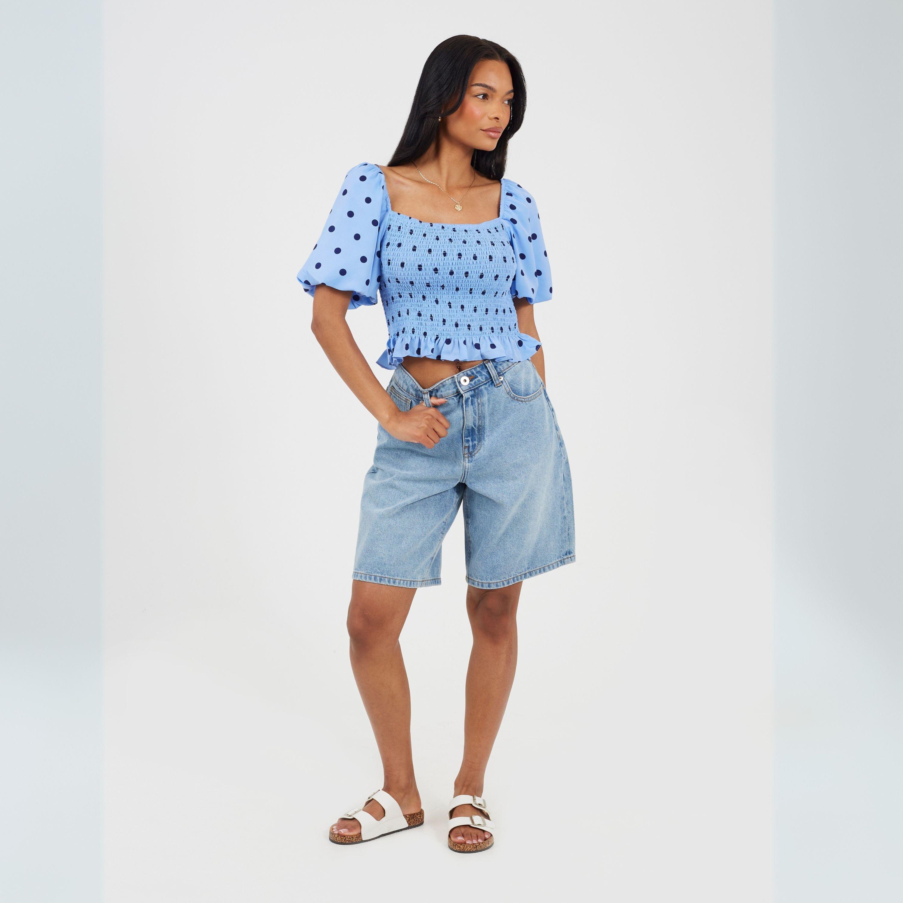 Plava/Mornarska - Brave Soul - Womens Puff Sleeve Shirred Bust Polka Dot Top - 4