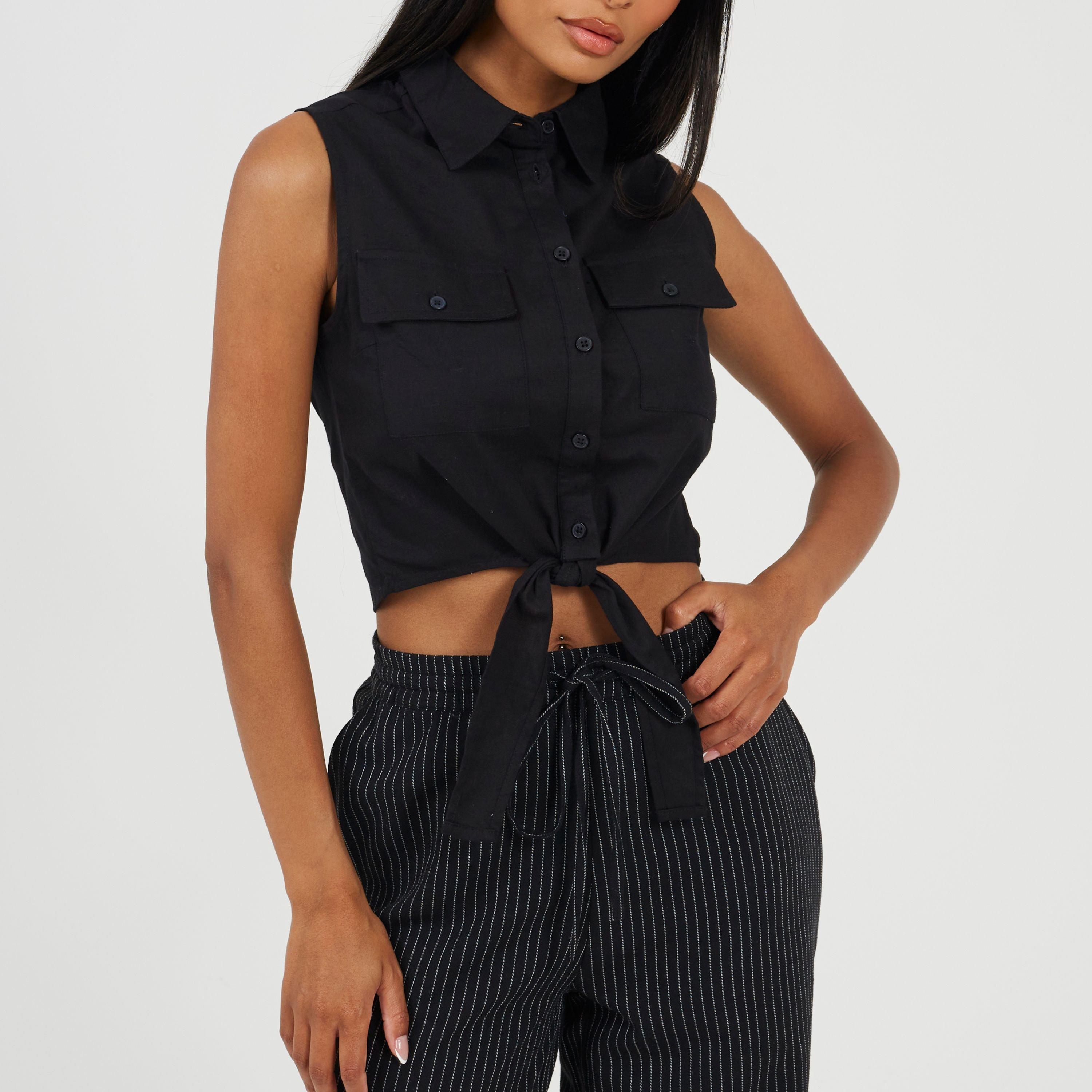 Black - Brave Soul - Womens Sleeveless Collared Top with Tie Detail - 1