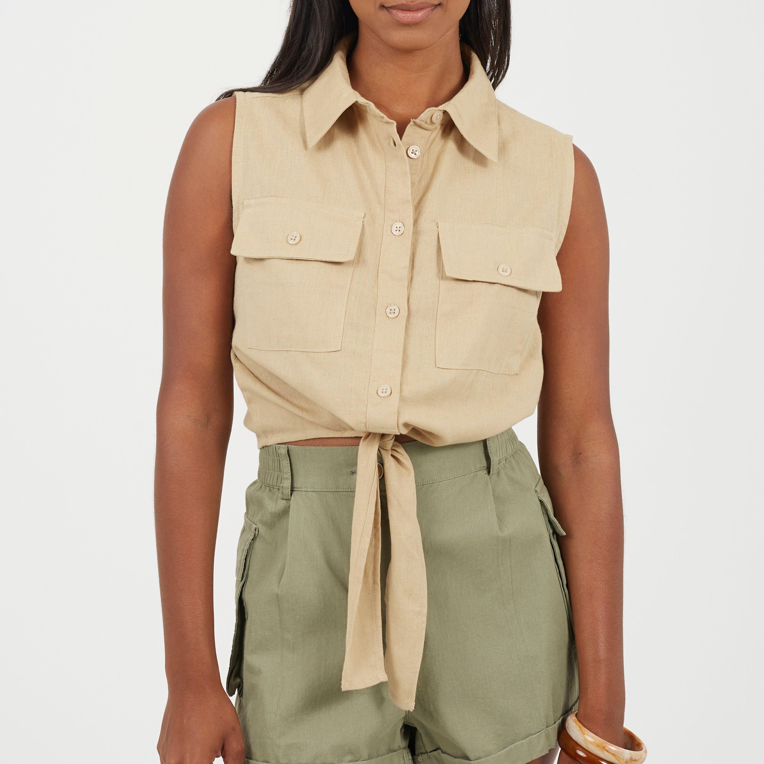 Brave Soul Women's Sleeveless Collared Top With Tie Detail - Sand - 14 (L)
