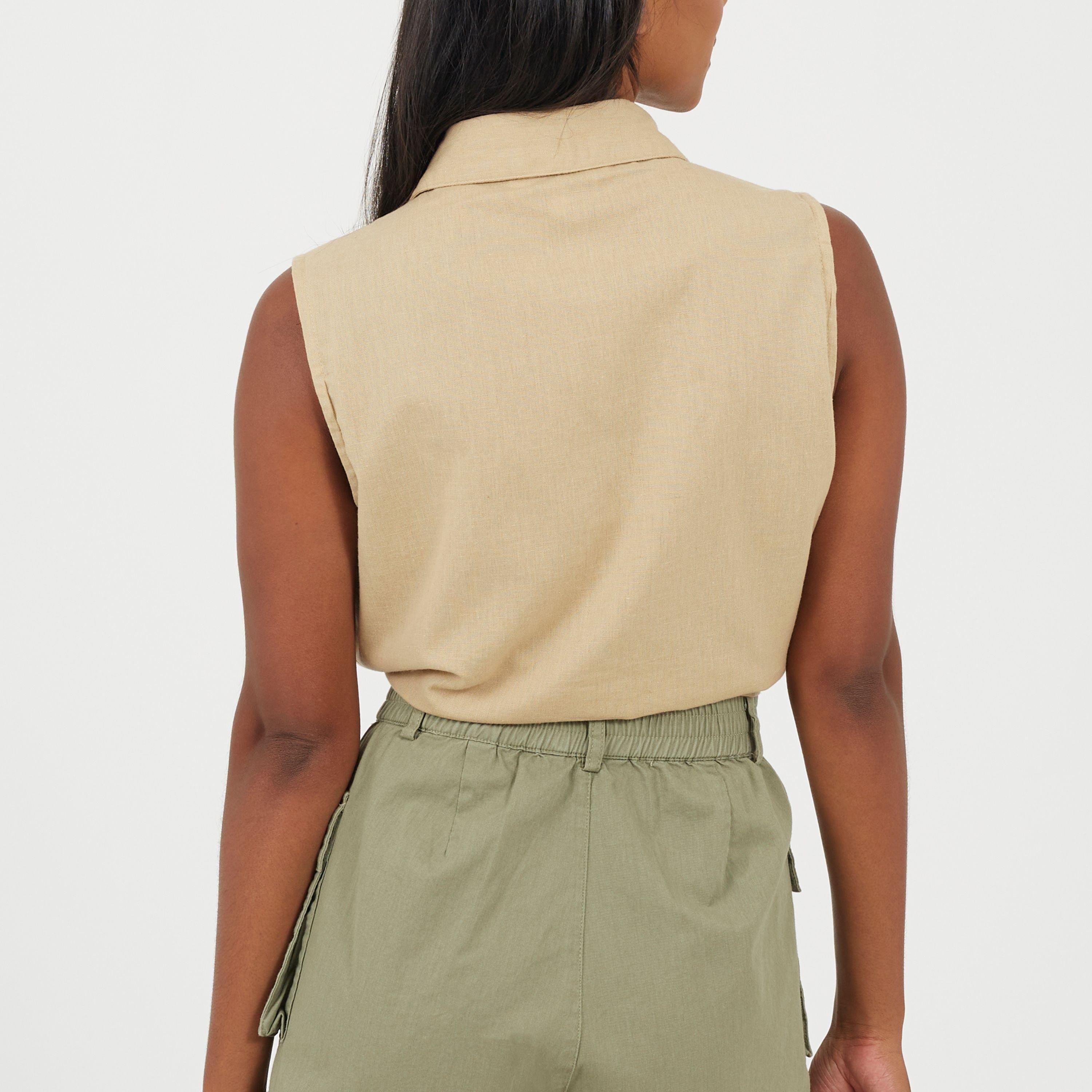 Sand - Brave Soul - Womens Sleeveless Collared Top with Tie Detail - 2