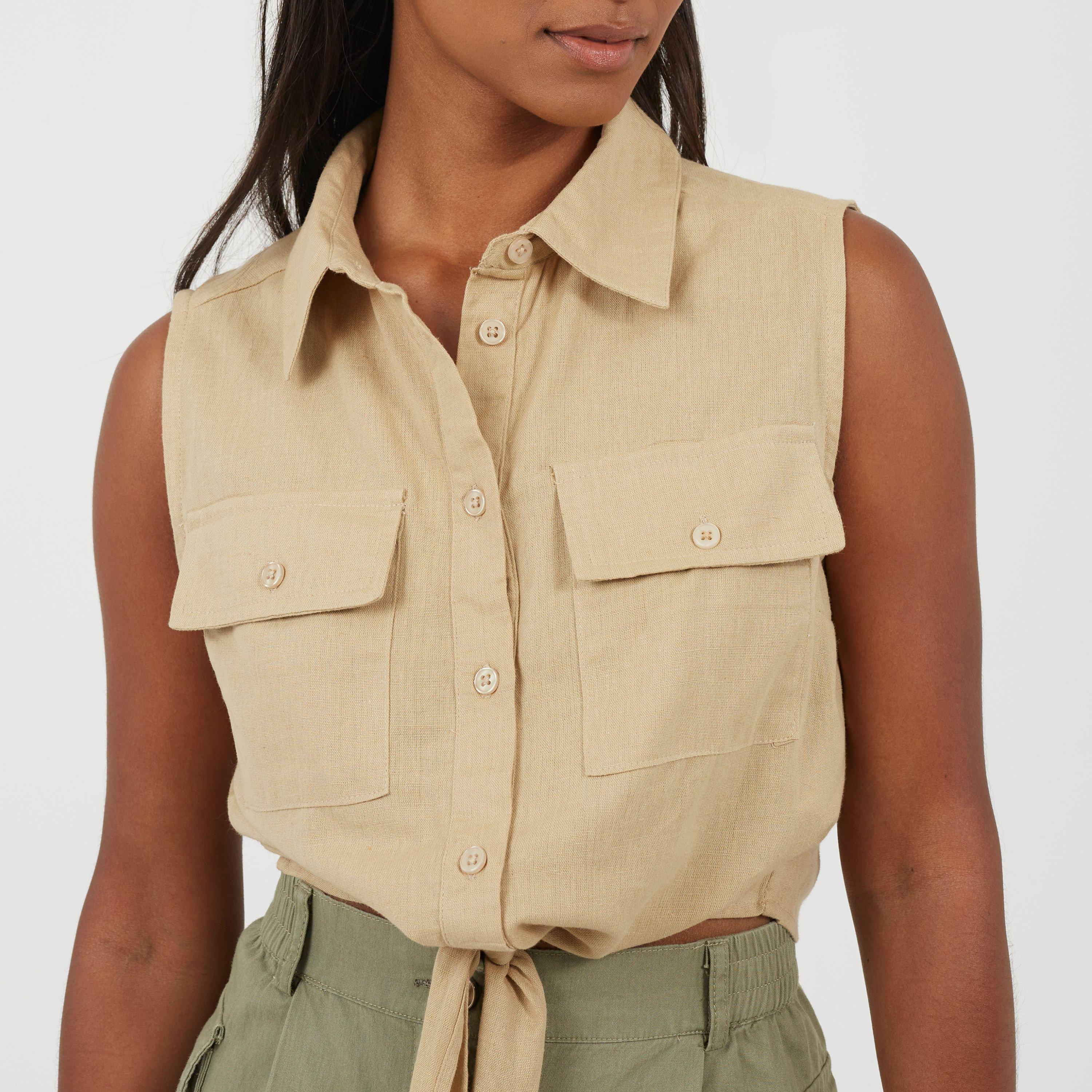 Sand - Brave Soul - Womens Sleeveless Collared Top with Tie Detail - 3