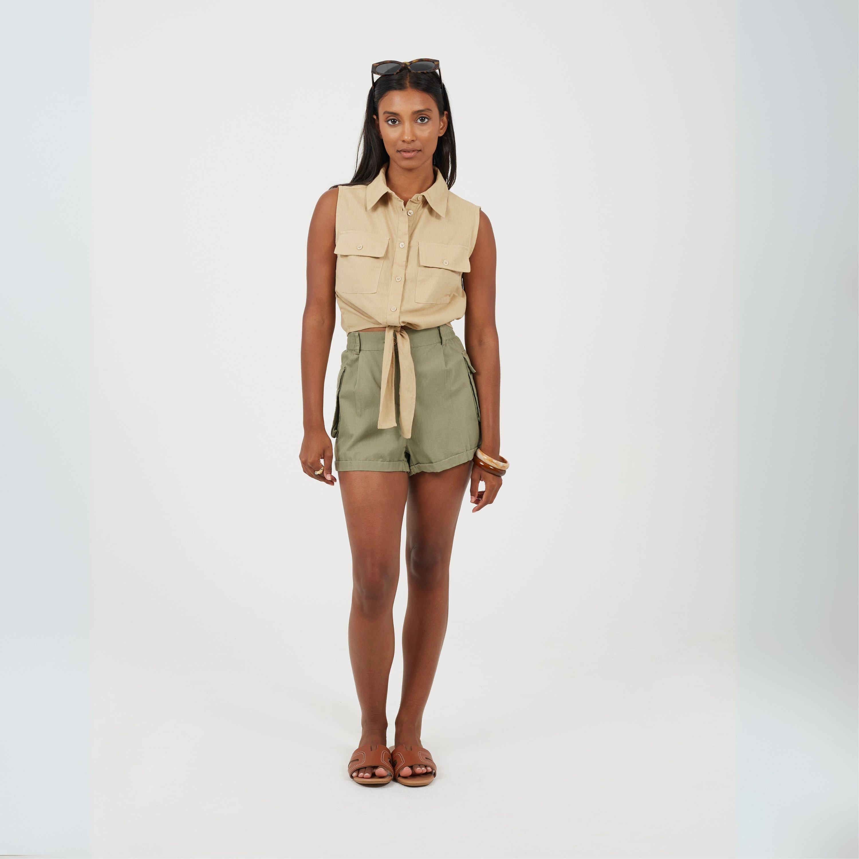 Sand - Brave Soul - Womens Sleeveless Collared Top with Tie Detail - 4