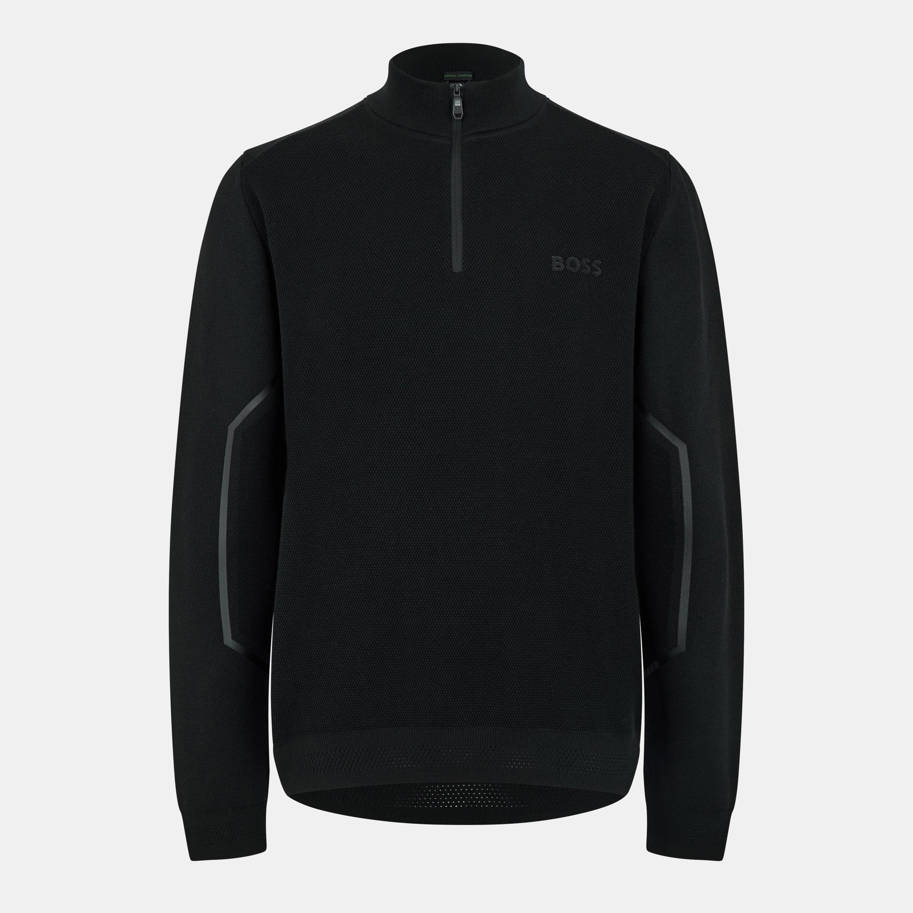 Black - Boss - Men's Zip Neck Cotton Long Sleeve Crew Neck Jumper - 1