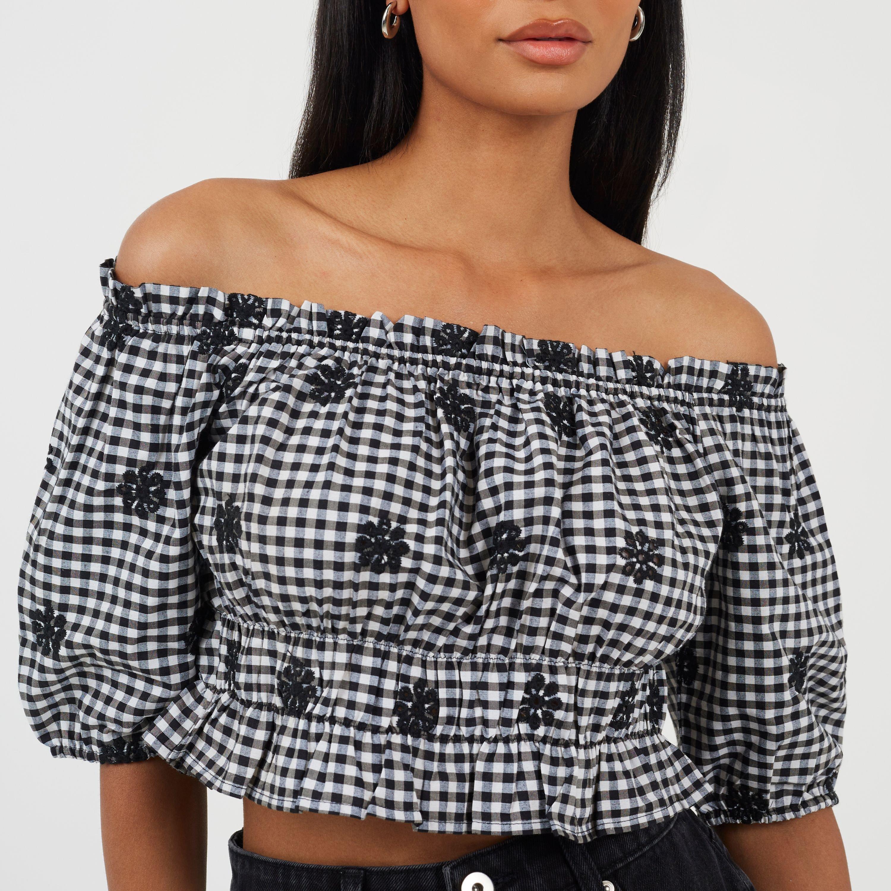 Black/White - Brave Soul - Womens Puff Sleeve Broderie Anglaise Top in Gingham - 1