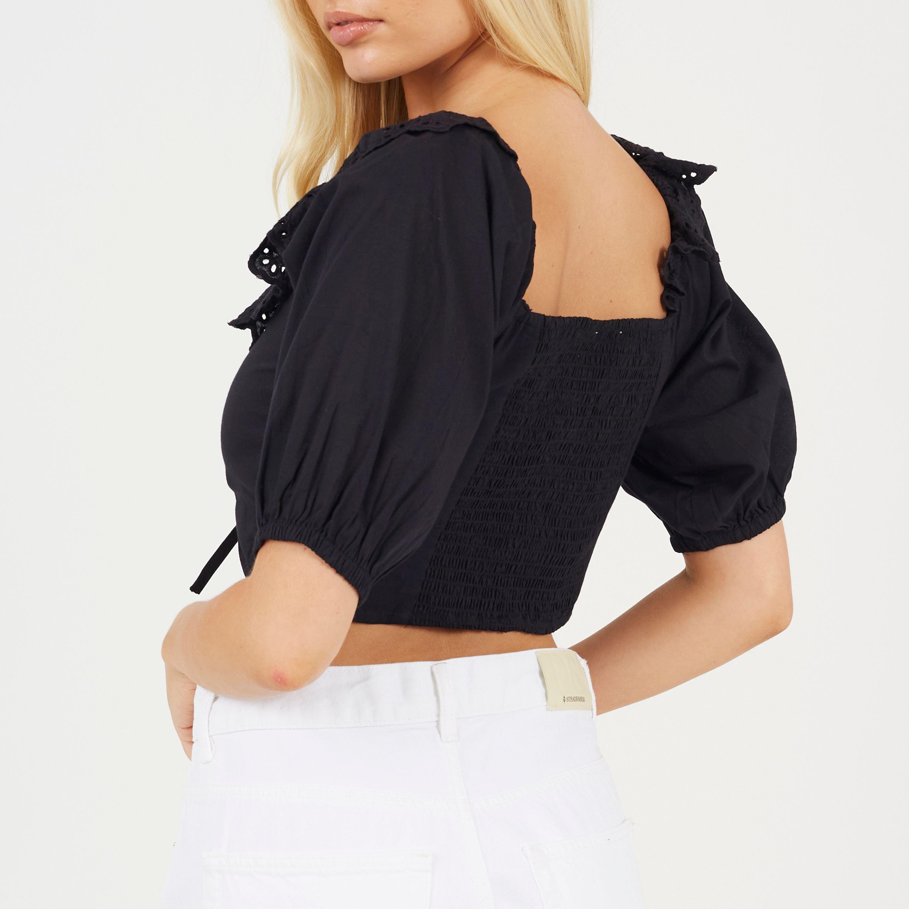 Black - Brave Soul - Womens Half Sleeve Cropped Top with Broderie Frill - 2