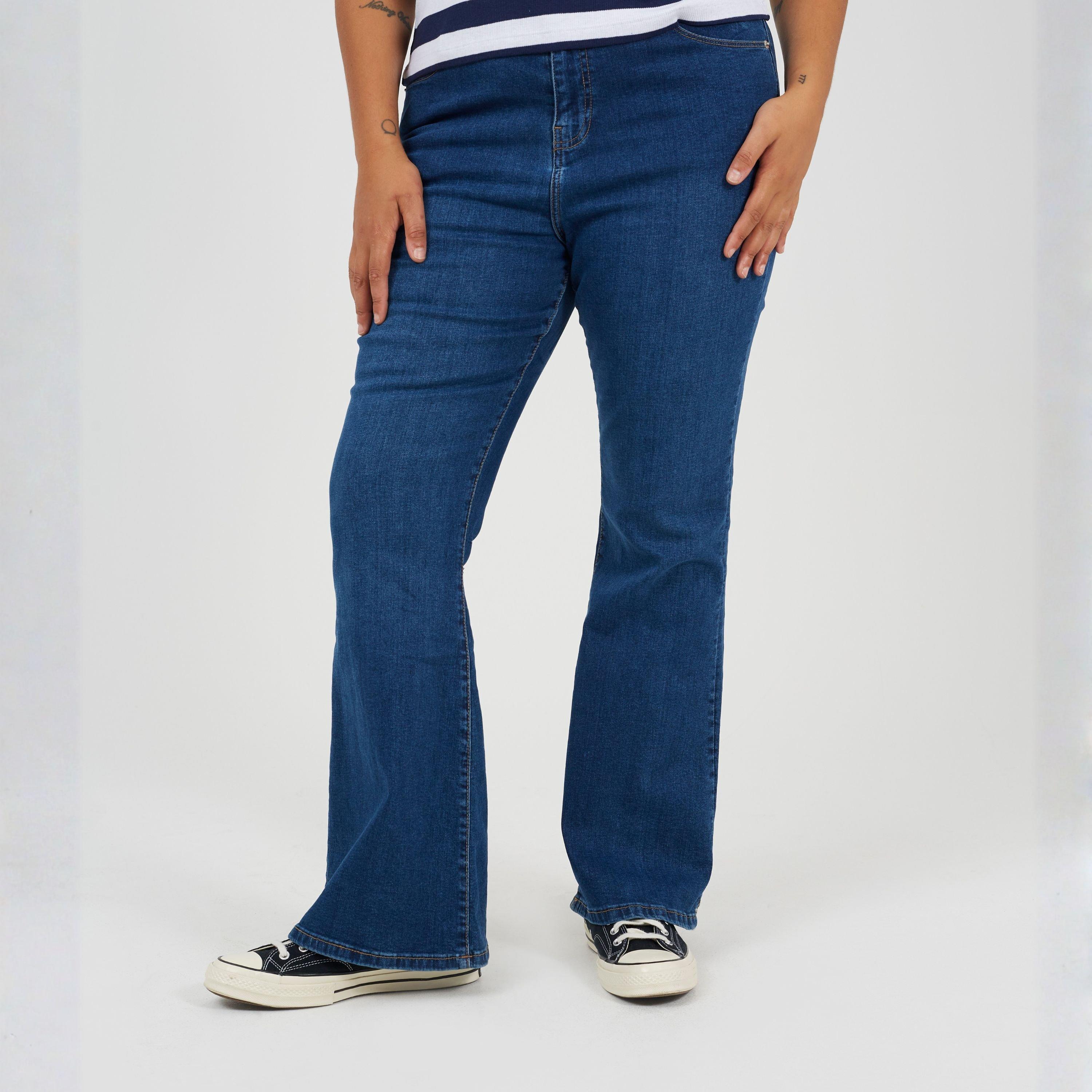 Mid Blue - Brave Soul - Womens Plus Size High Waisted Flared Jeans - 1