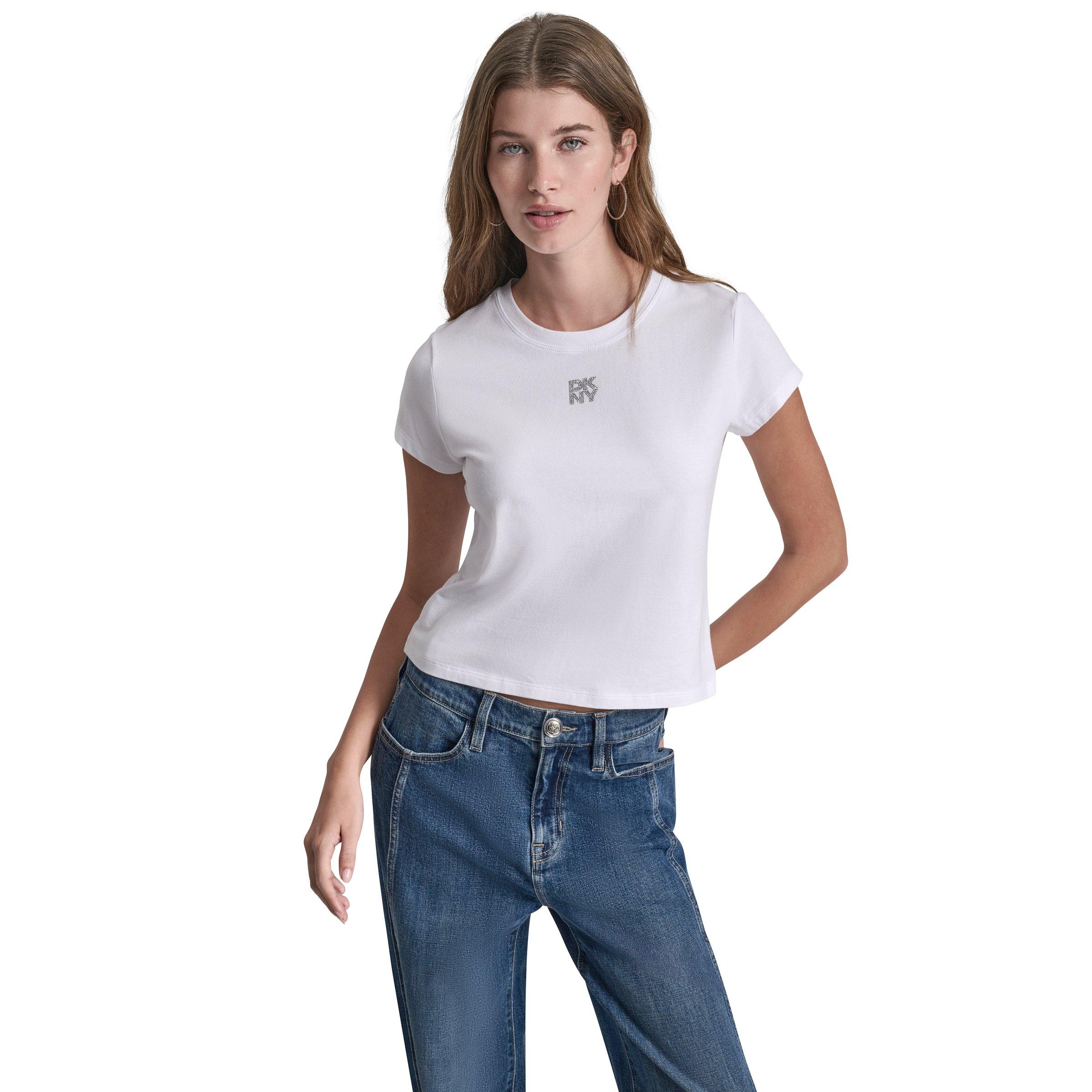 Dkny Women's Jeans Rhinestone Logo Baby Tee - White/Silver - 10 (S)