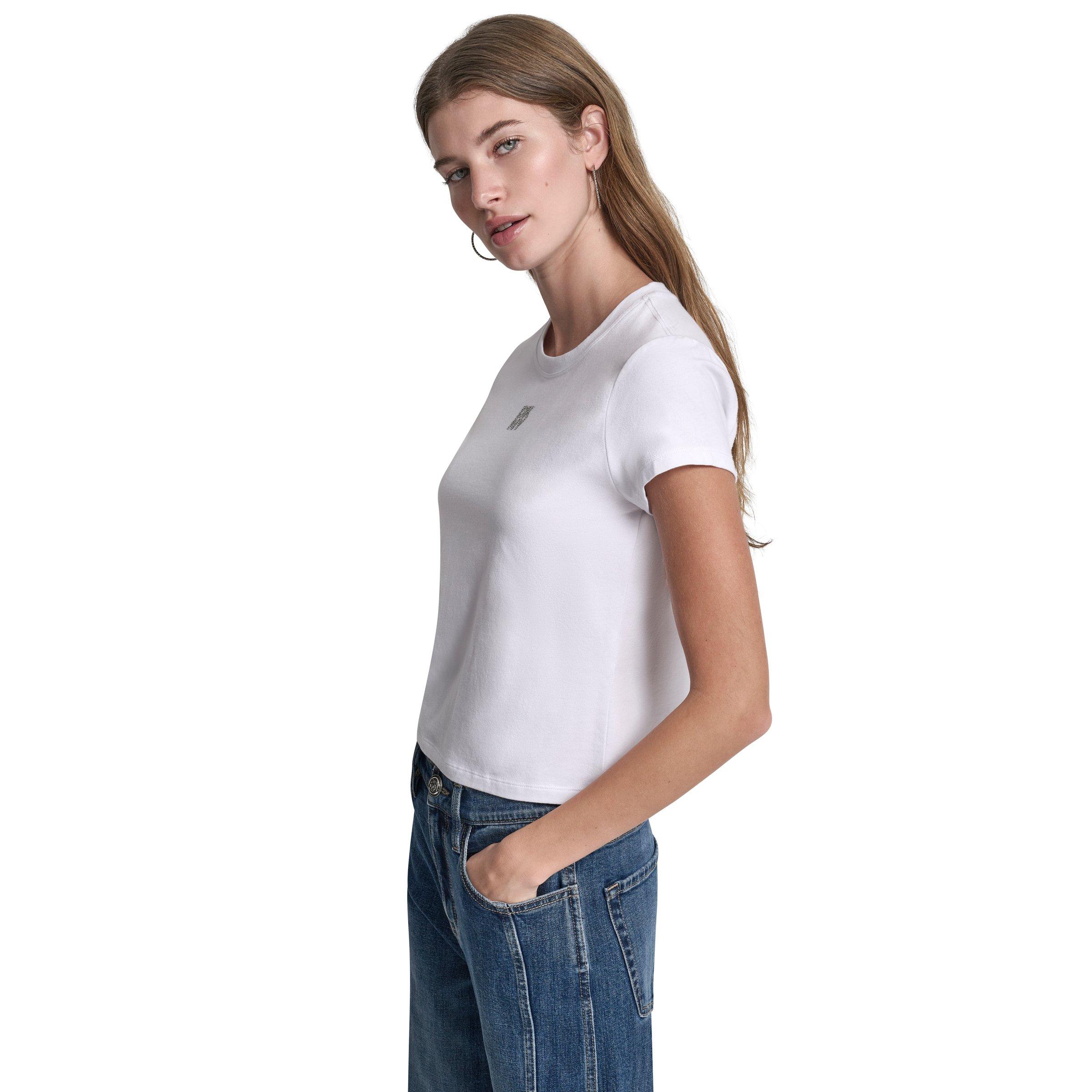 White/Silver - DKNY - DKNY Jeans Rhinestone Logo Baby Tee - 2