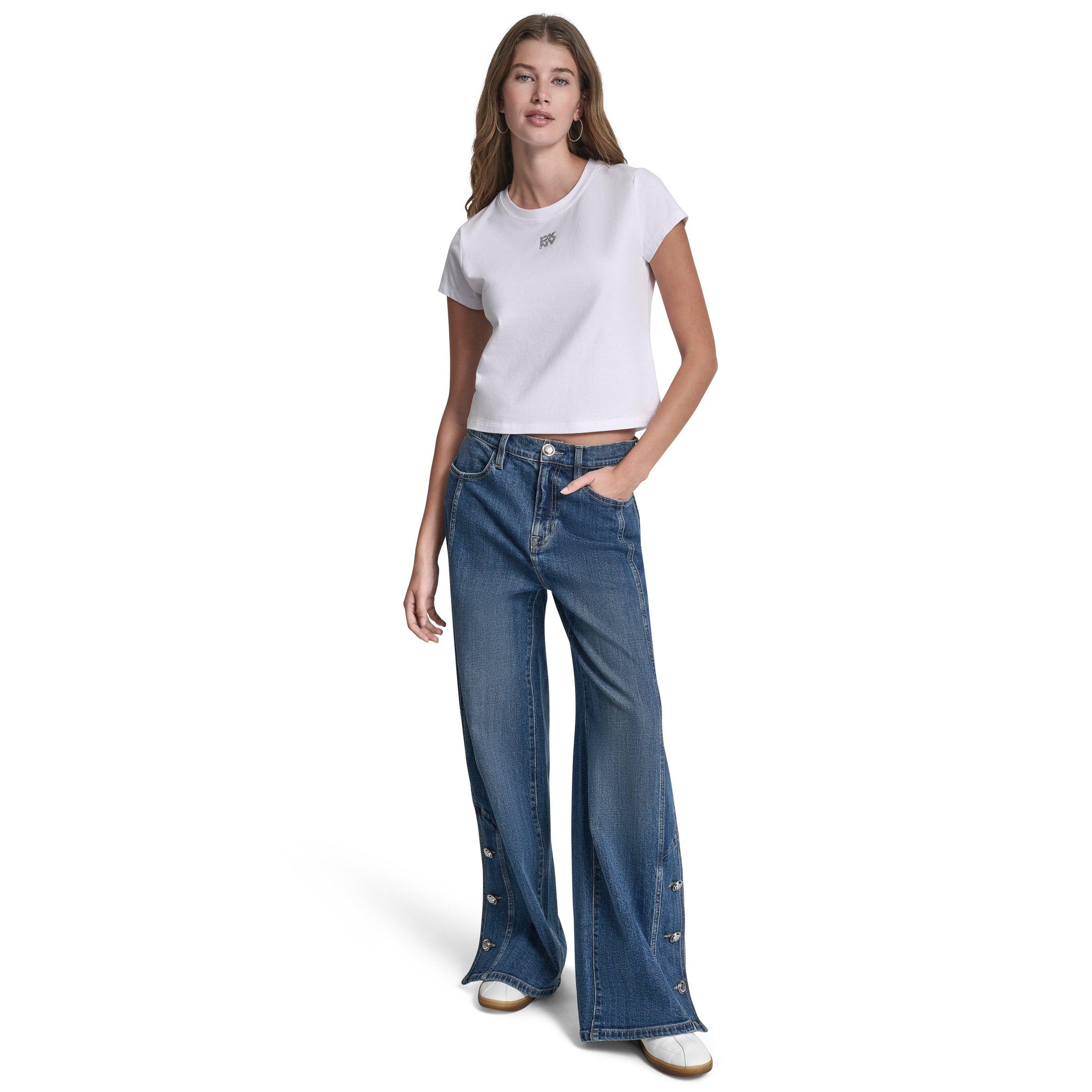 White/Silver - DKNY - DKNY Jeans Rhinestone Logo Baby Tee - 4