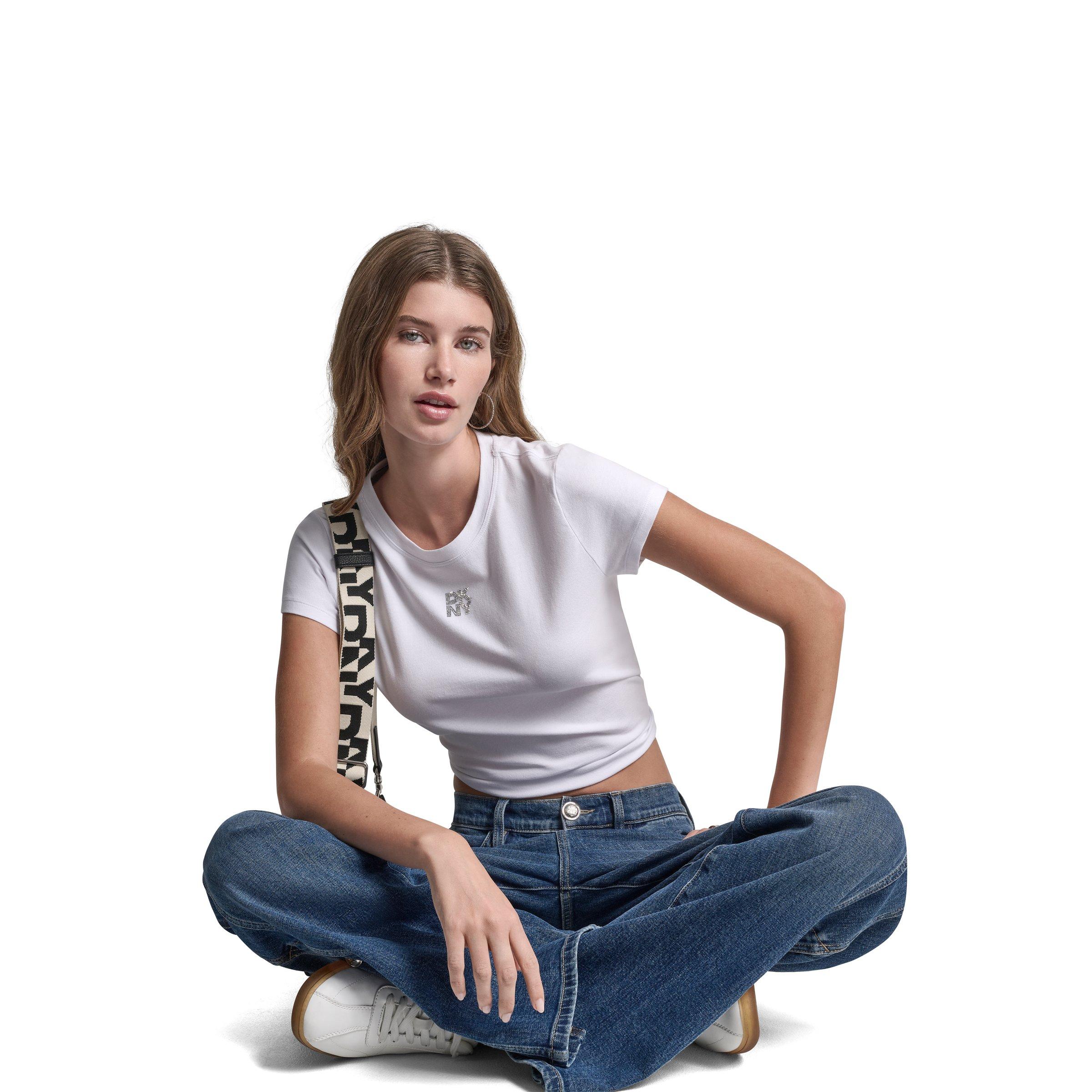 White/Silver - DKNY - DKNY Jeans Rhinestone Logo Baby Tee - 8