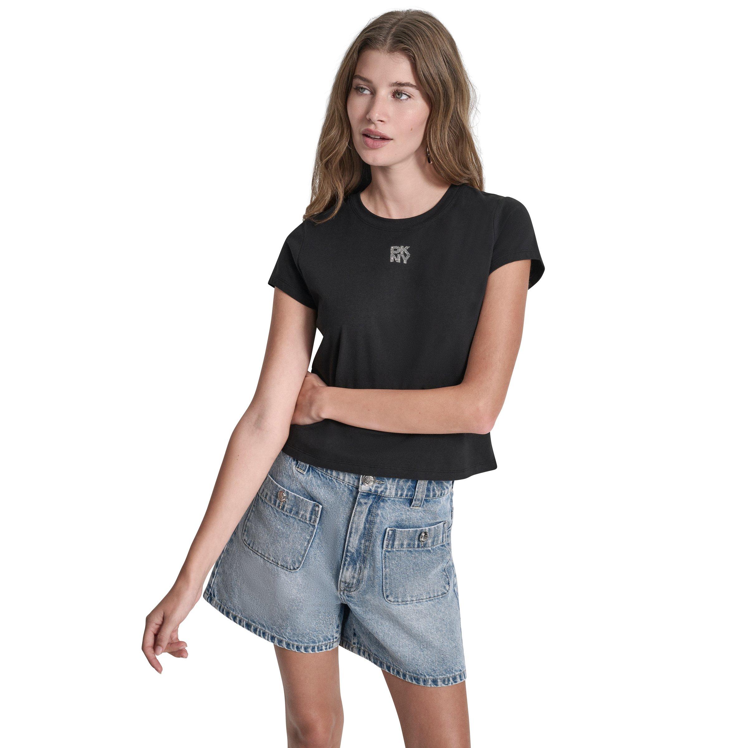 Dkny Women's Jeans Rhinestone Logo Baby Tee - Black/Silver - 10 (S)