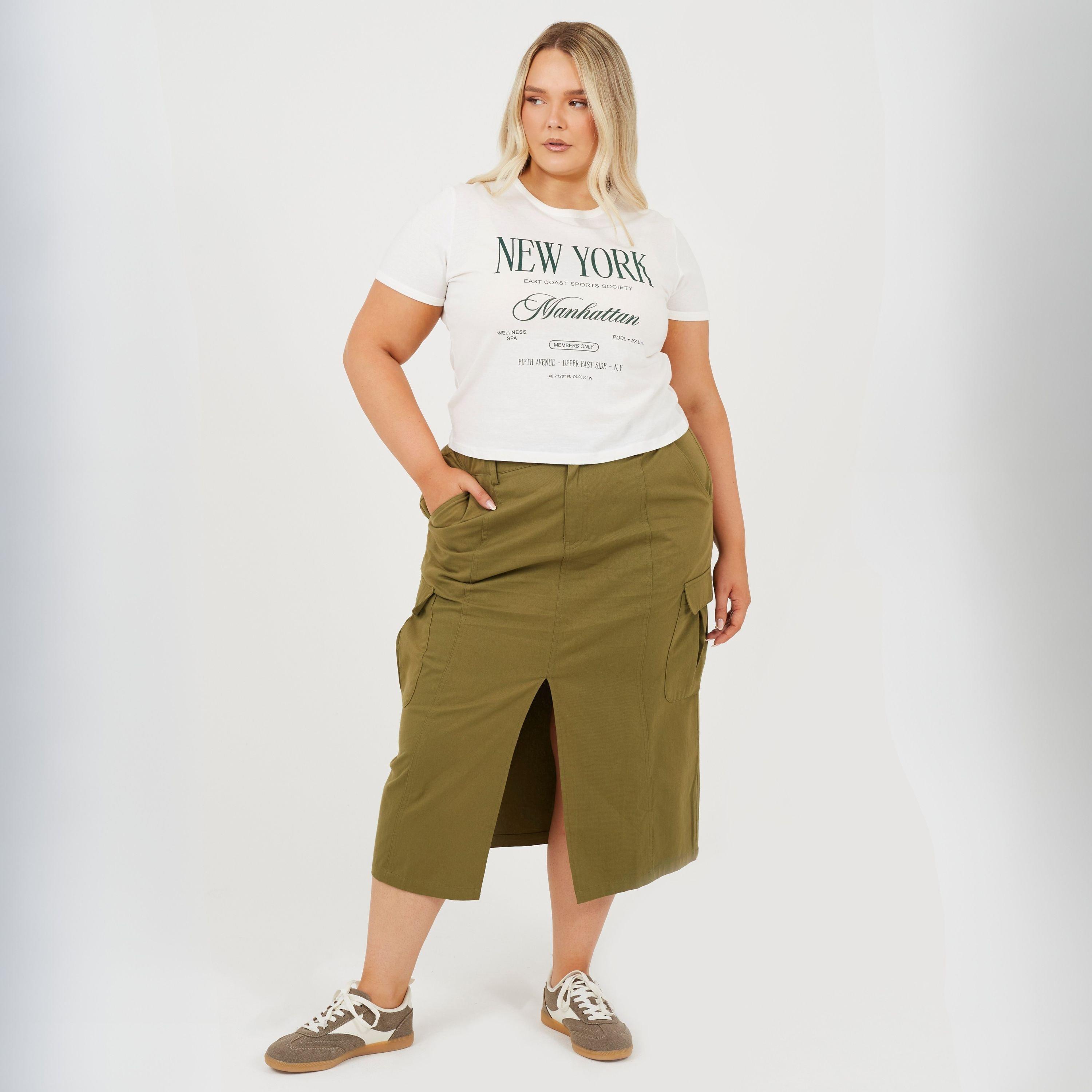 Khaki - Brave Soul - Womens Plus Size Denim Cargo Skirt - 4