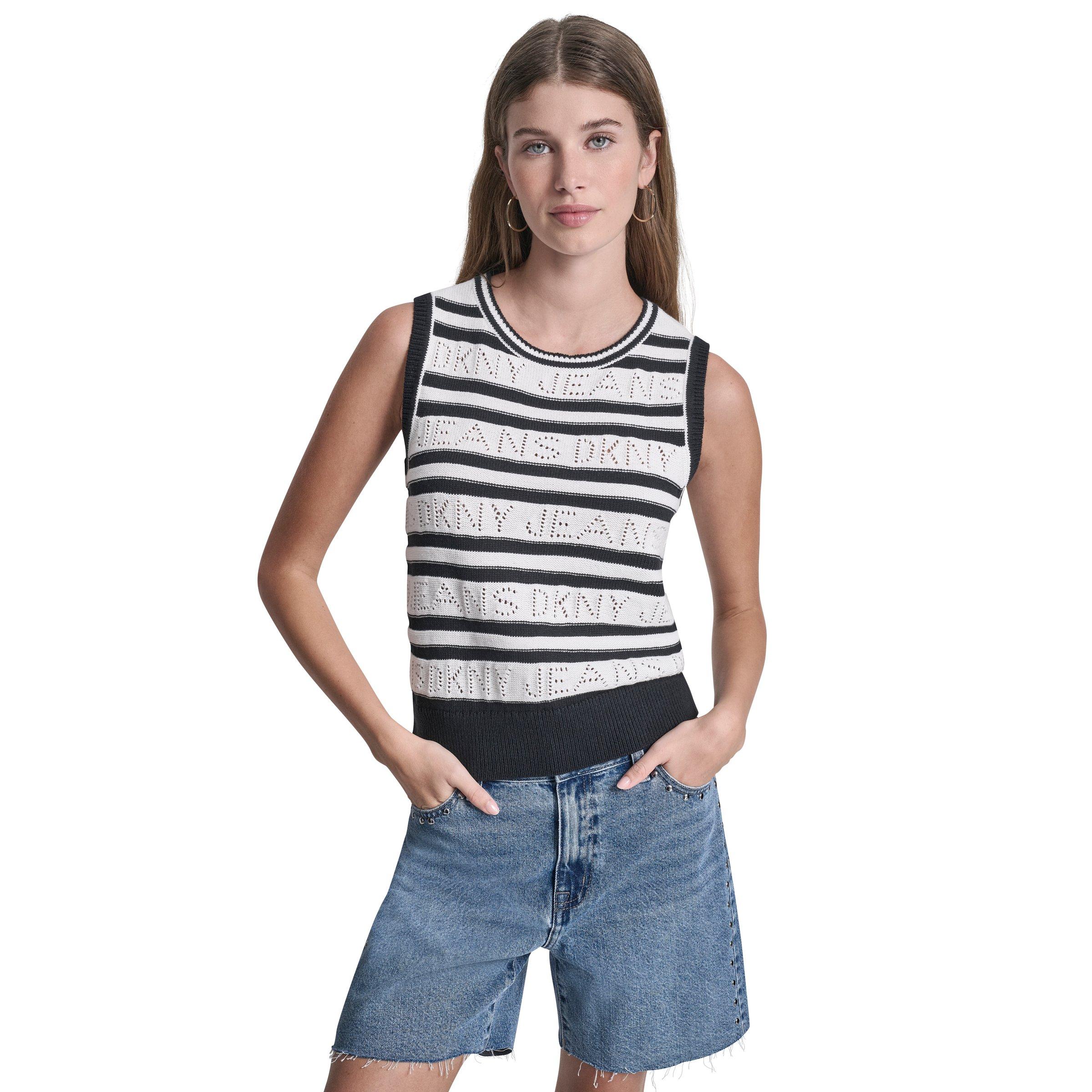 Ivory/Black - DKNY - DKNY Jeans Logo Pointelle Striped Sleeveless Sweater - 1