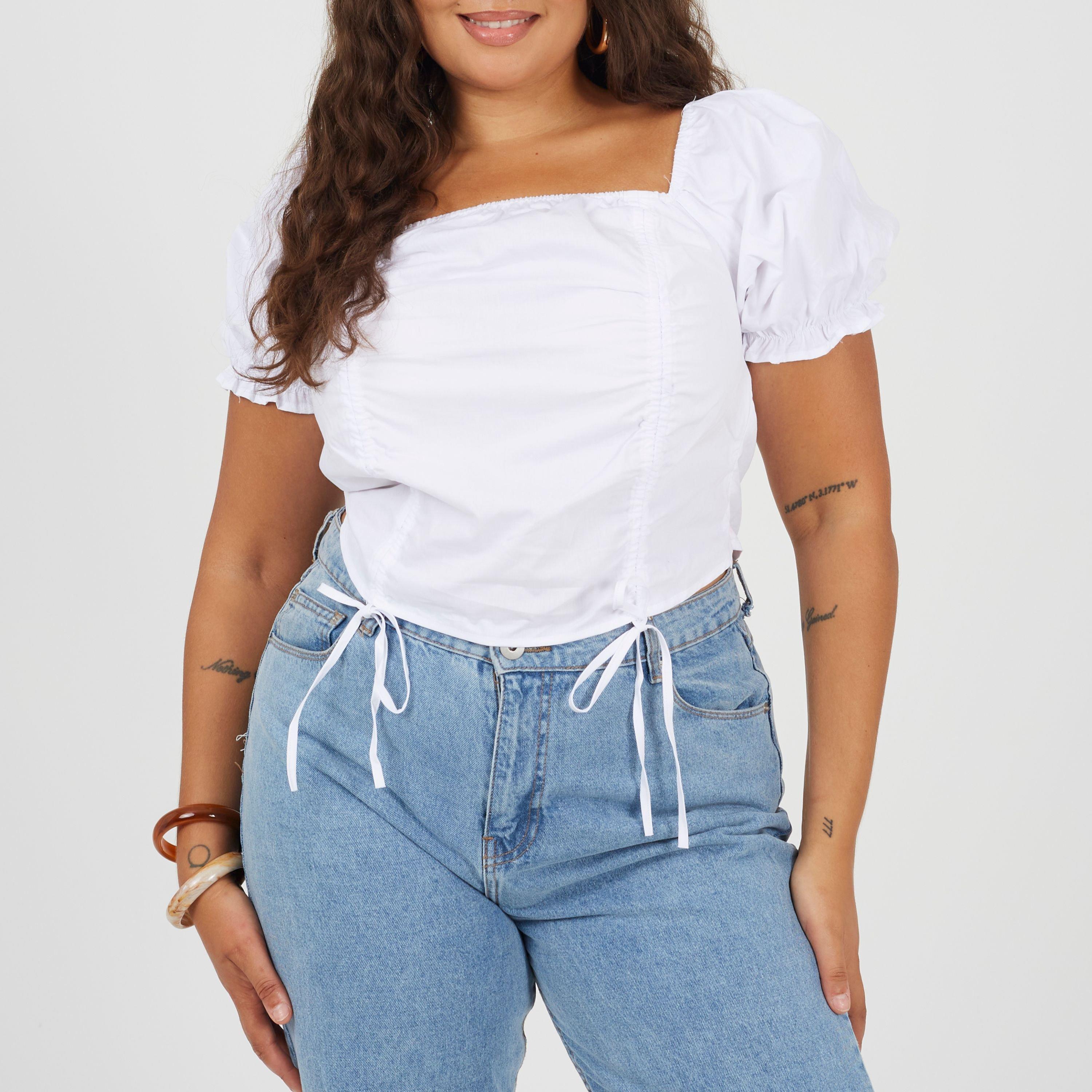 Brave Soul Women's Plus Size Puff Sleeve Top With Ruched And Tie Details. - White - 22 (4XL)