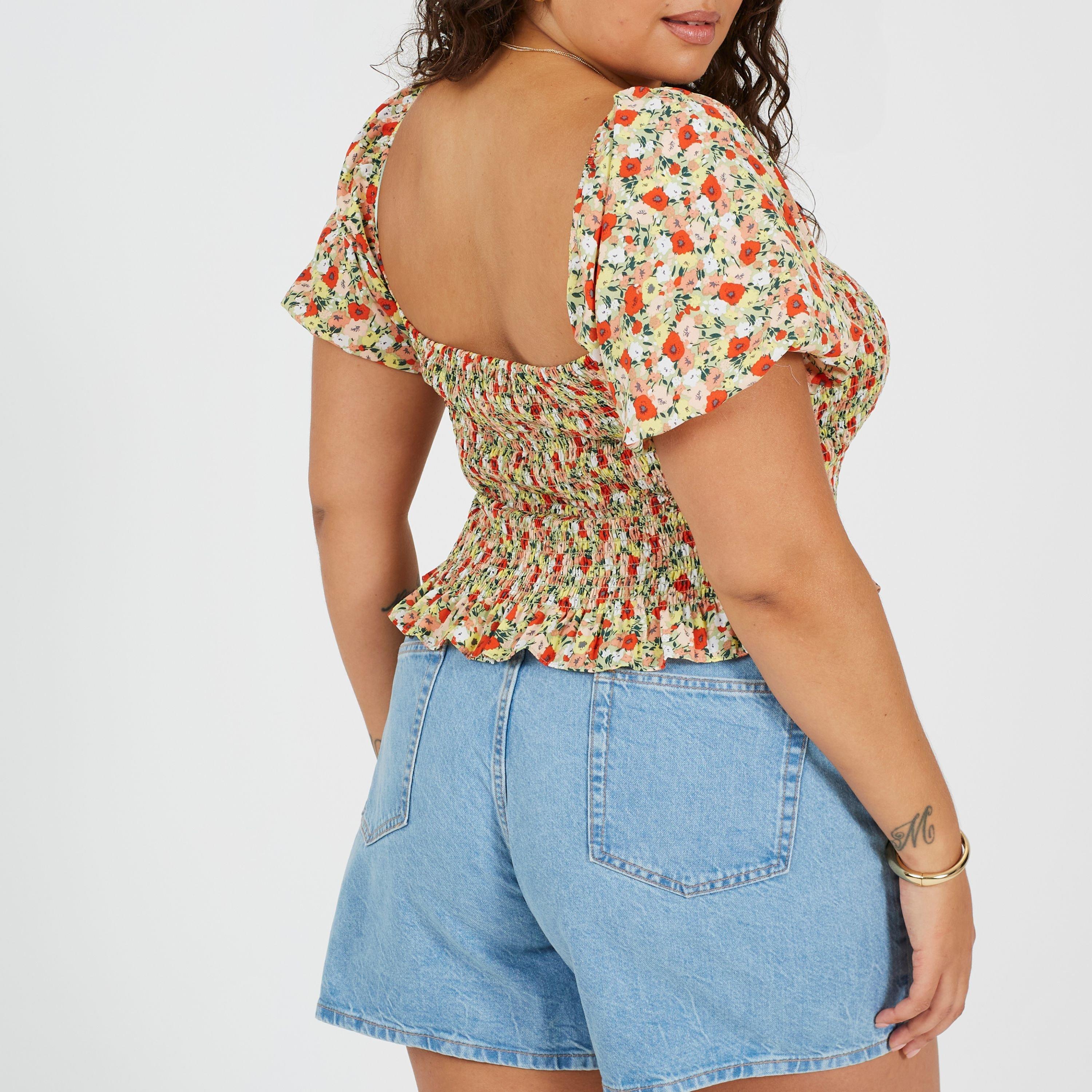 Floral rouge - Brave Soul - Plus Size Womens Puff Sleeve Top with Ruched and Tie Details. - 2