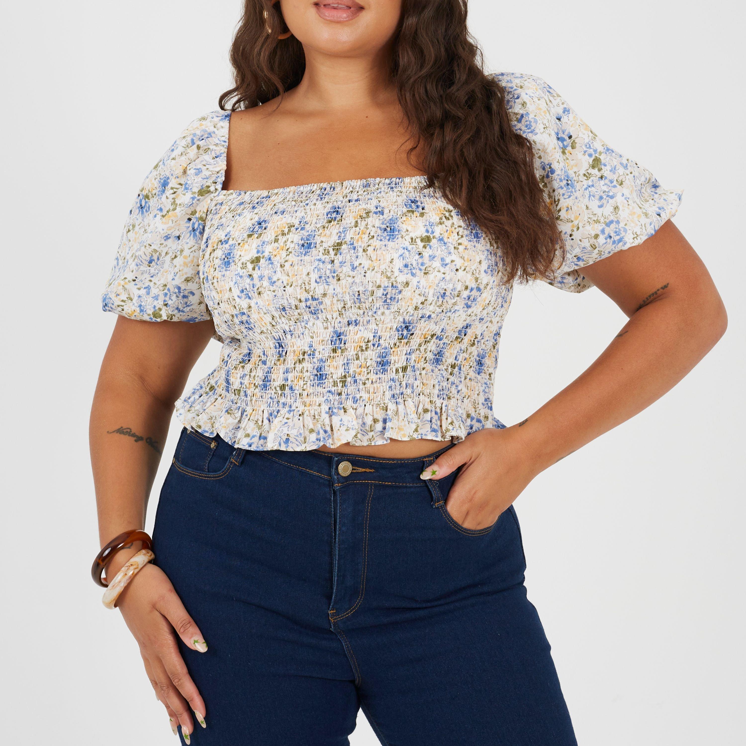 Brave Soul Women's Plus Size Puff Sleeve Top With Ruched And Tie Details. - Blue Floral - 22 (4XL)