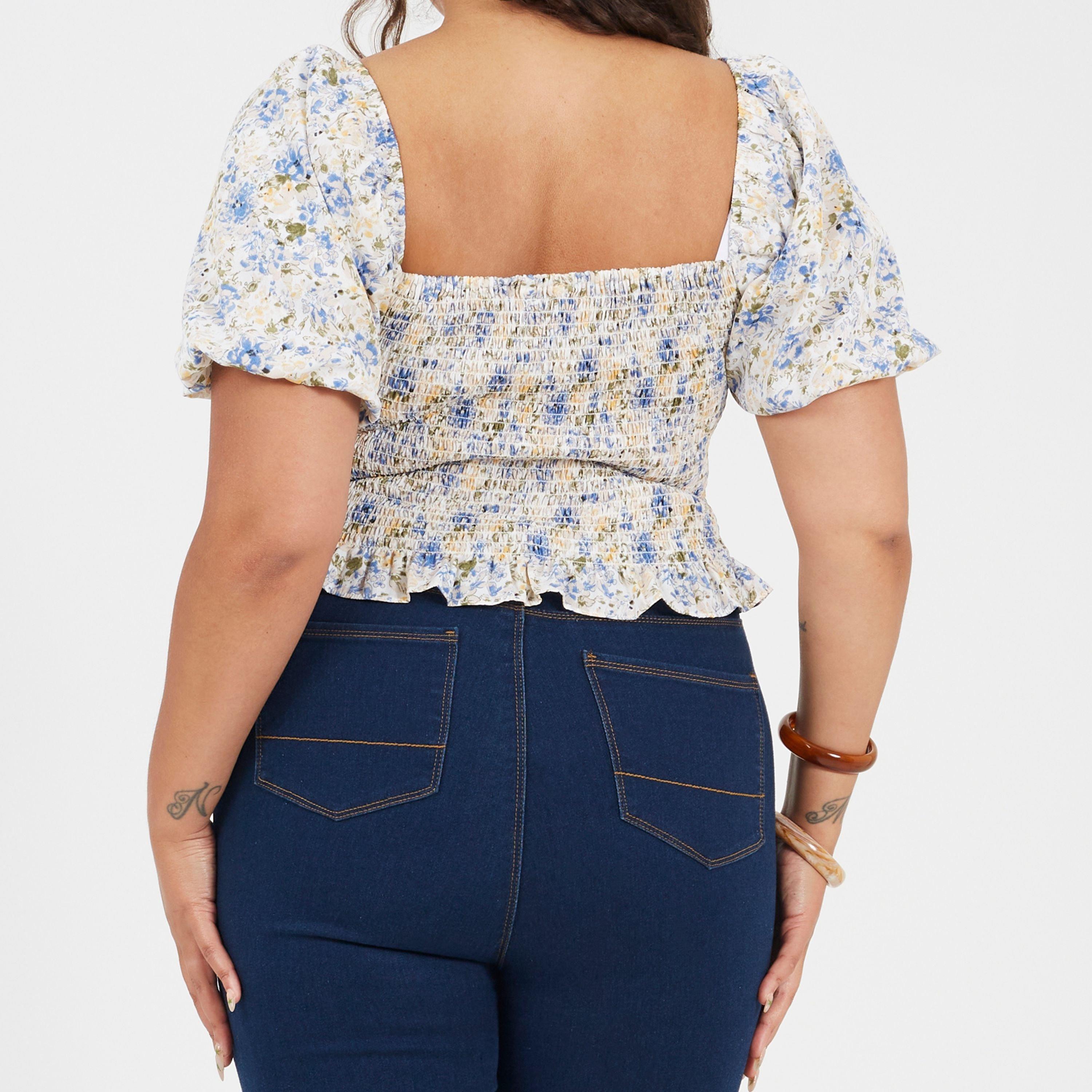 Blue Floral - Brave Soul - Plus Size Womens Puff Sleeve Top with Ruched and Tie Details. - 2