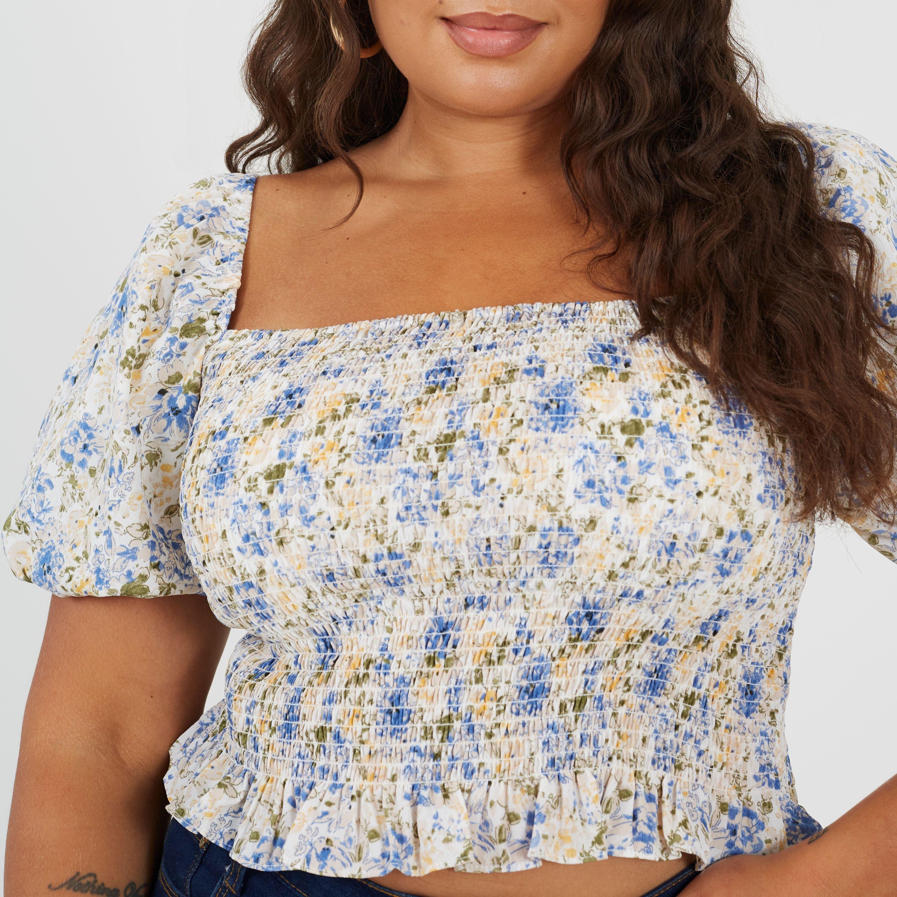 Blue Floral - Brave Soul - Plus Size Womens Puff Sleeve Top with Ruched and Tie Details. - 3