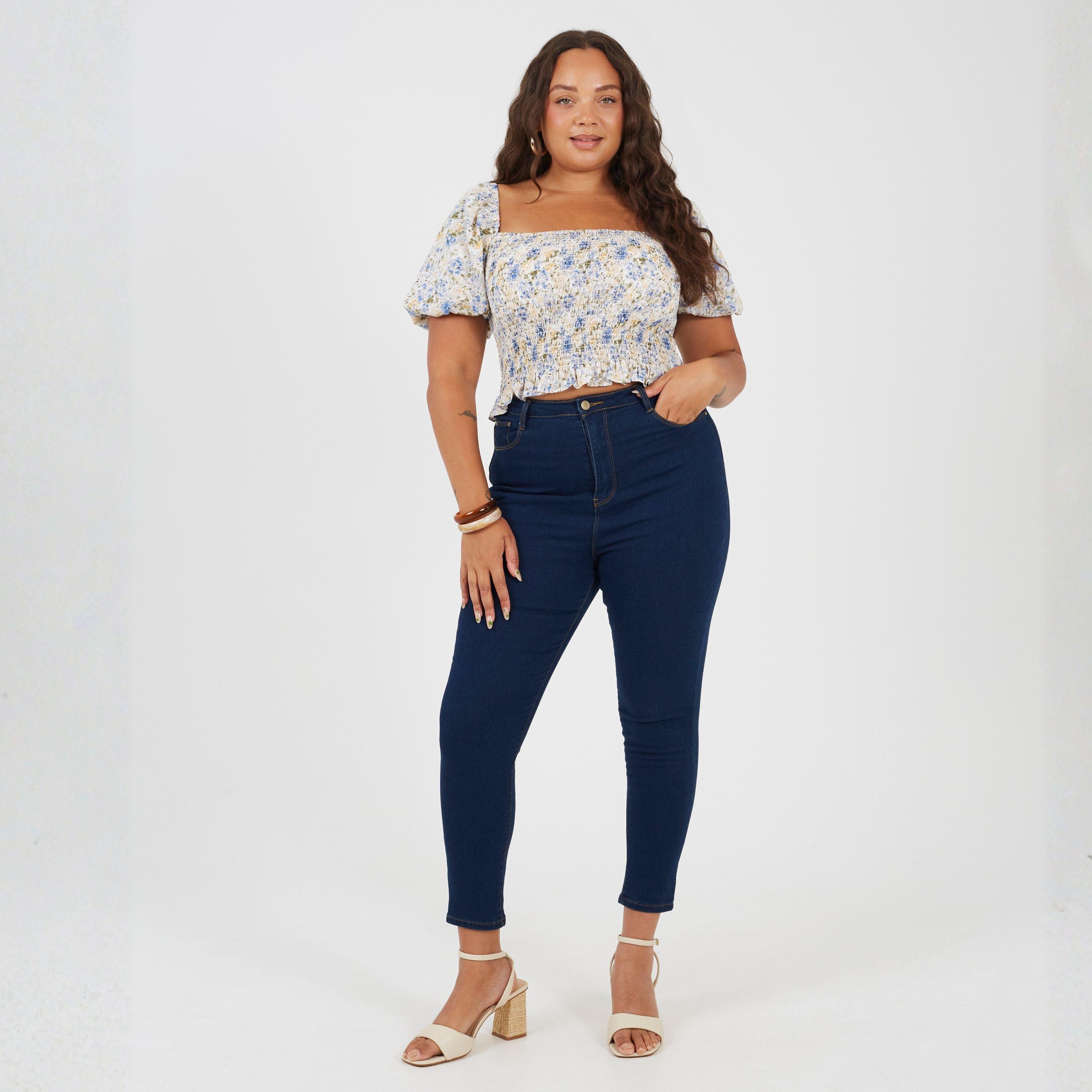 Blue Floral - Brave Soul - Plus Size Womens Puff Sleeve Top with Ruched and Tie Details. - 4