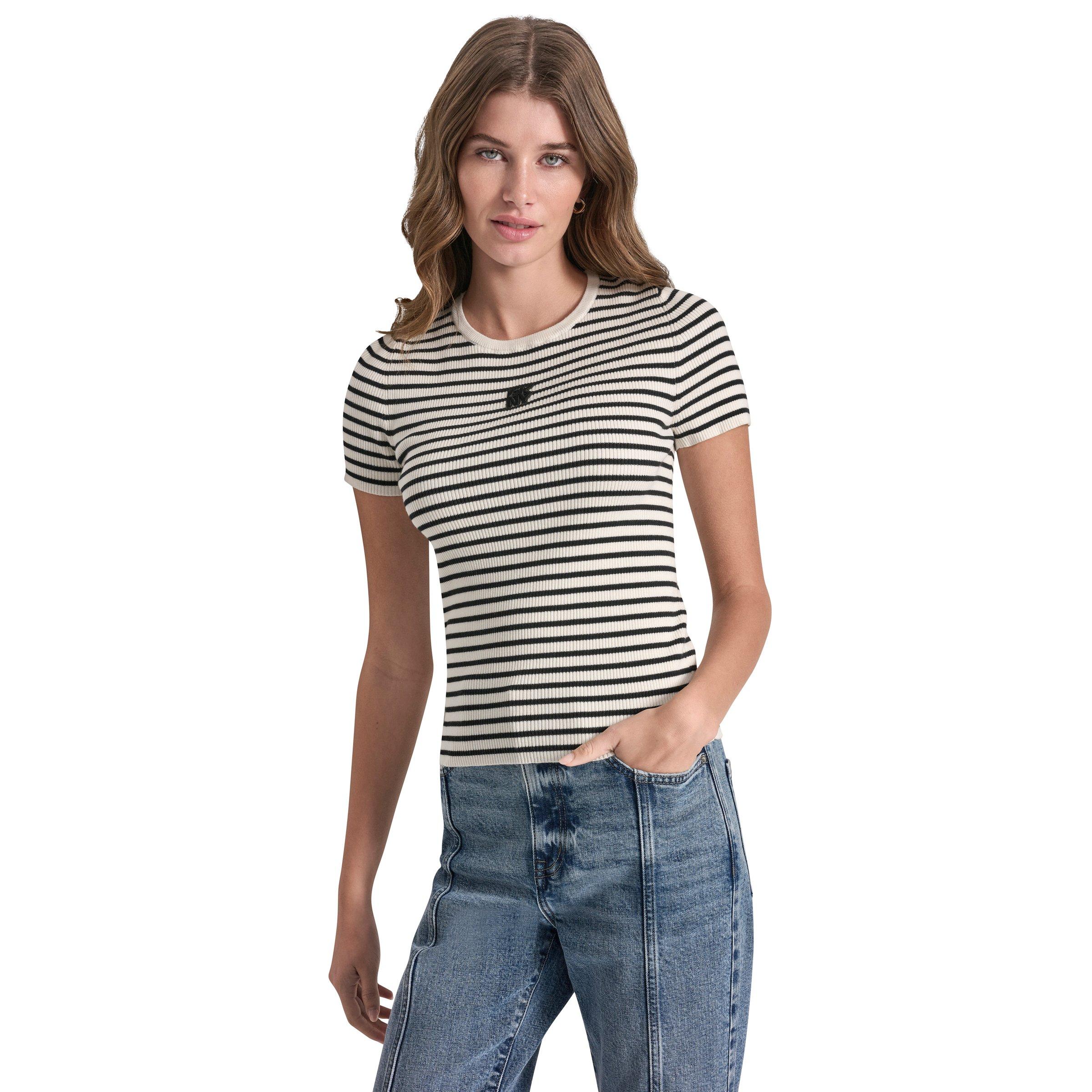 Eggnog/Black - DKNY - DKNY Jeans Crew Neck Striped Short Sleeve Rib Top - 1
