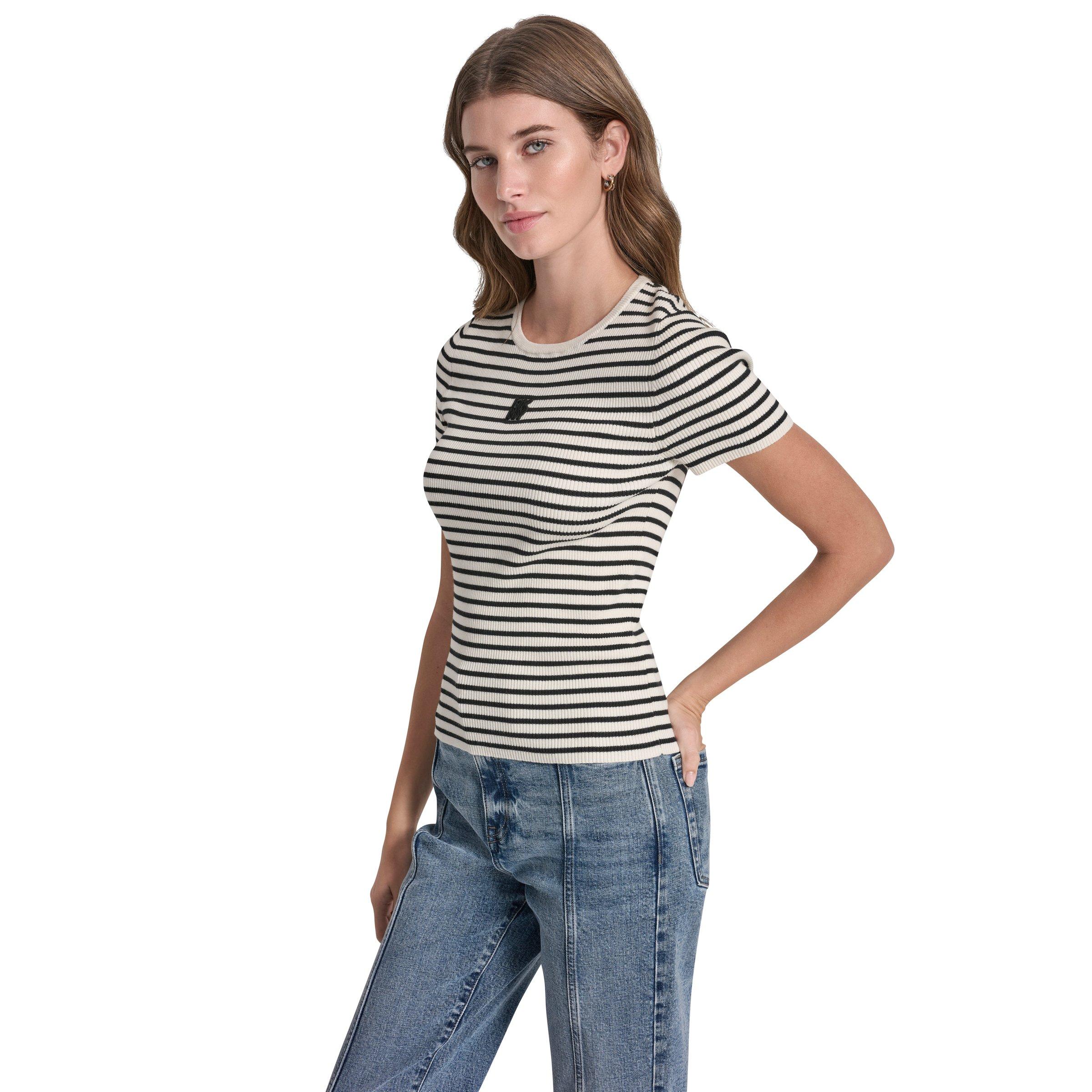 Eggnog/Black - DKNY - DKNY Jeans Crew Neck Striped Short Sleeve Rib Top - 2