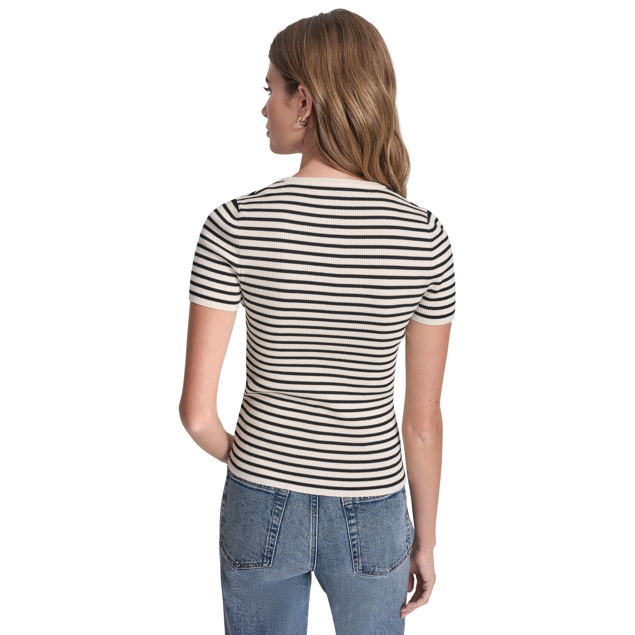 Eggnog/Black - DKNY - DKNY Jeans Crew Neck Striped Short Sleeve Rib Top - 3