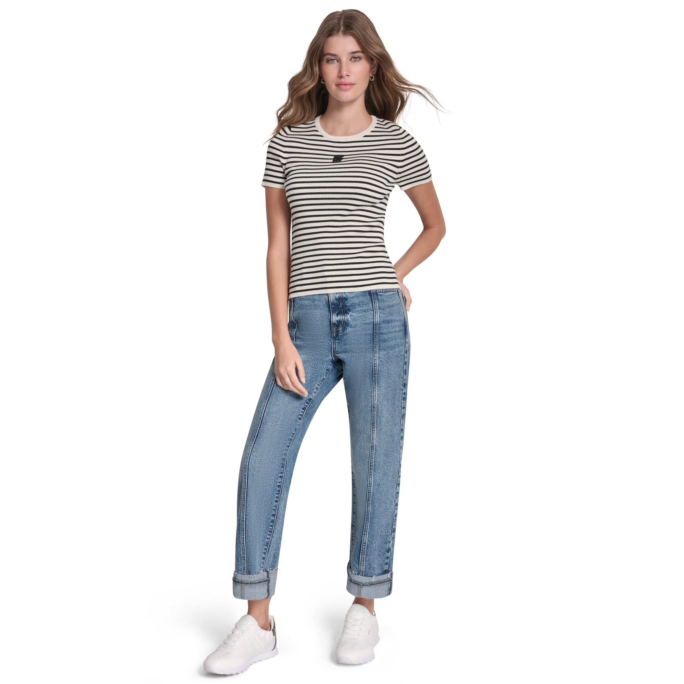 Eggnog/Black - DKNY - DKNY Jeans Crew Neck Striped Short Sleeve Rib Top - 4