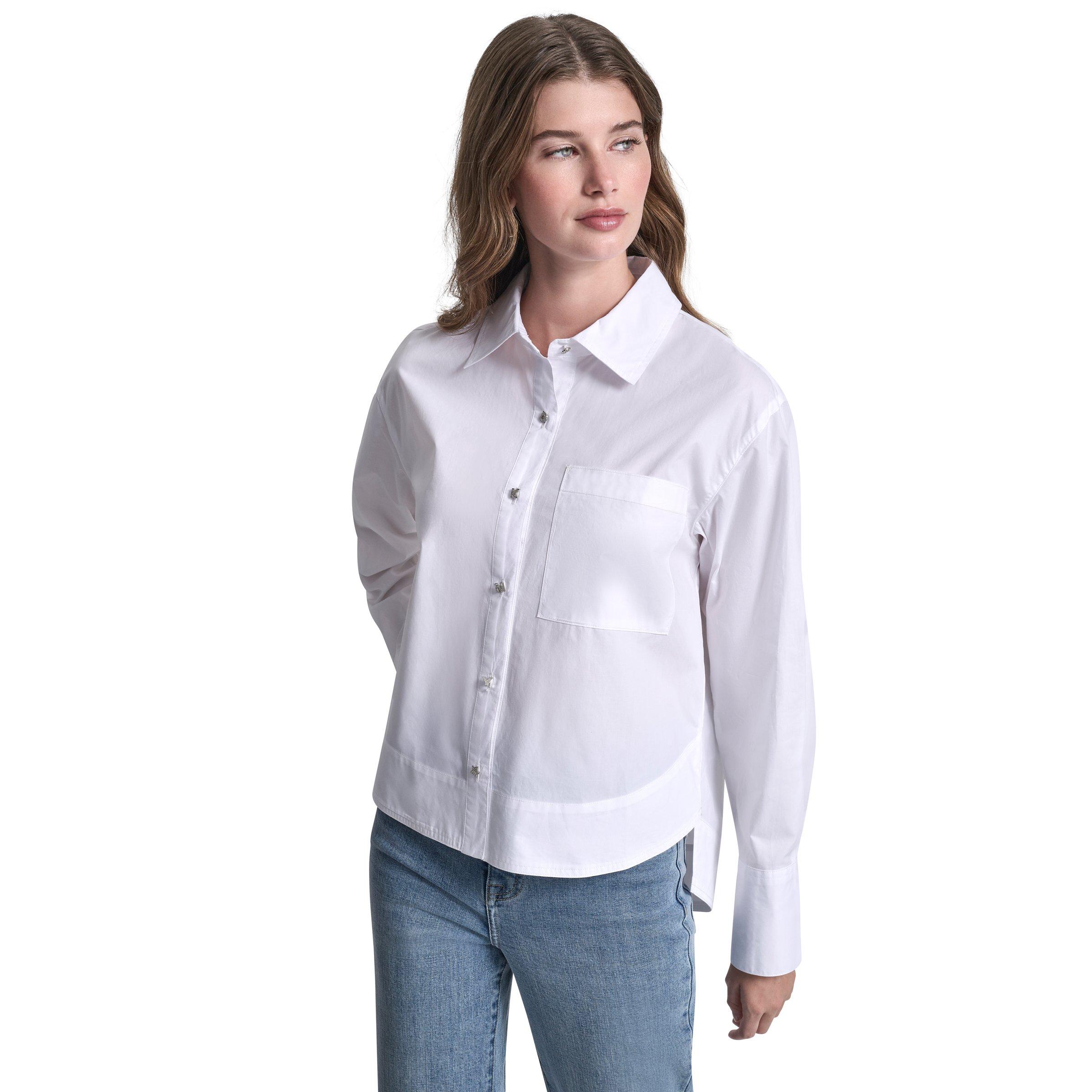 White - DKNY - DKNY Jeans Poplin Shirt W/ Rhinestone Buttons & Stepped Hem - 1