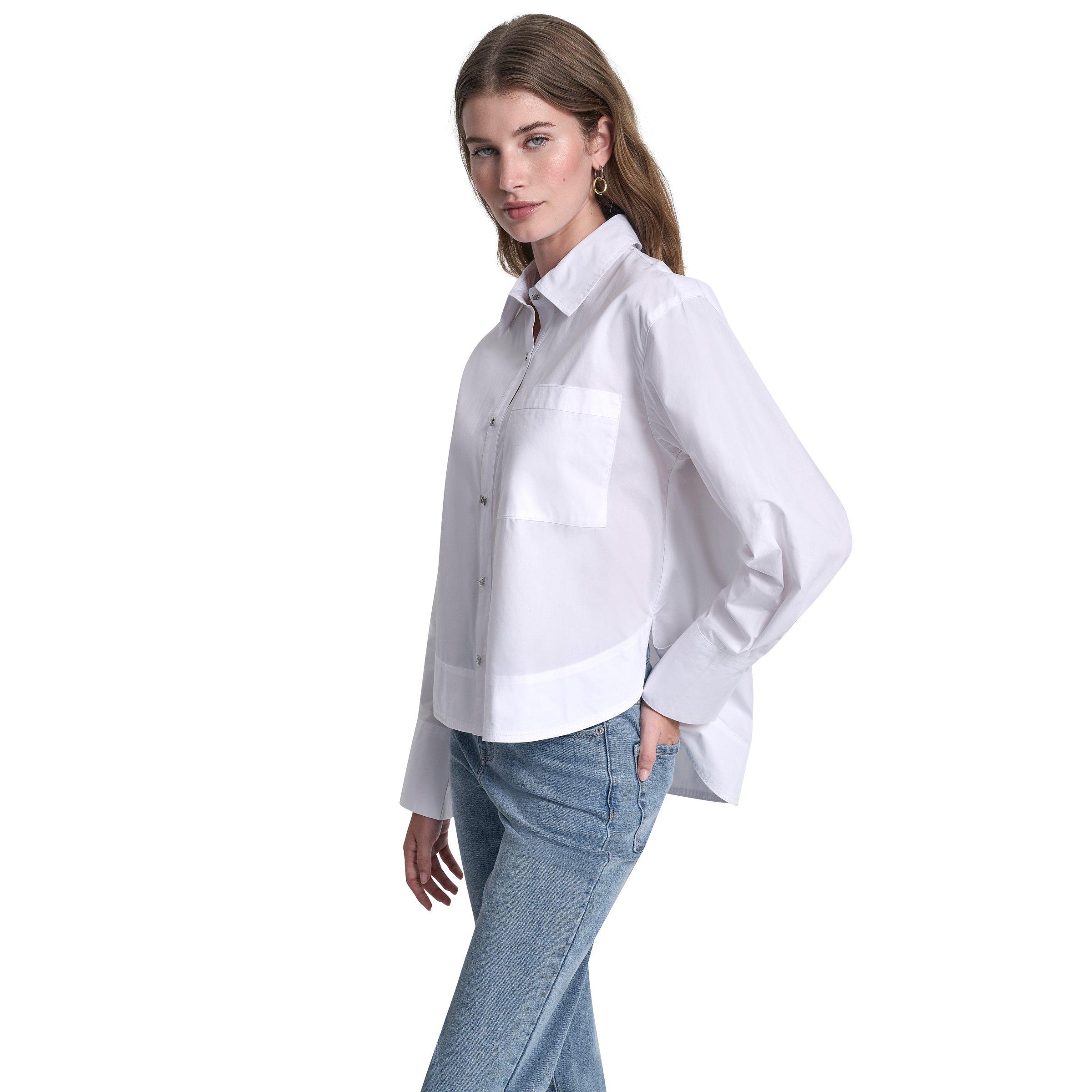 DKNY DKNY Jeans Poplin Shirt W/ Rhinestone Buttons & Stepped Hem 