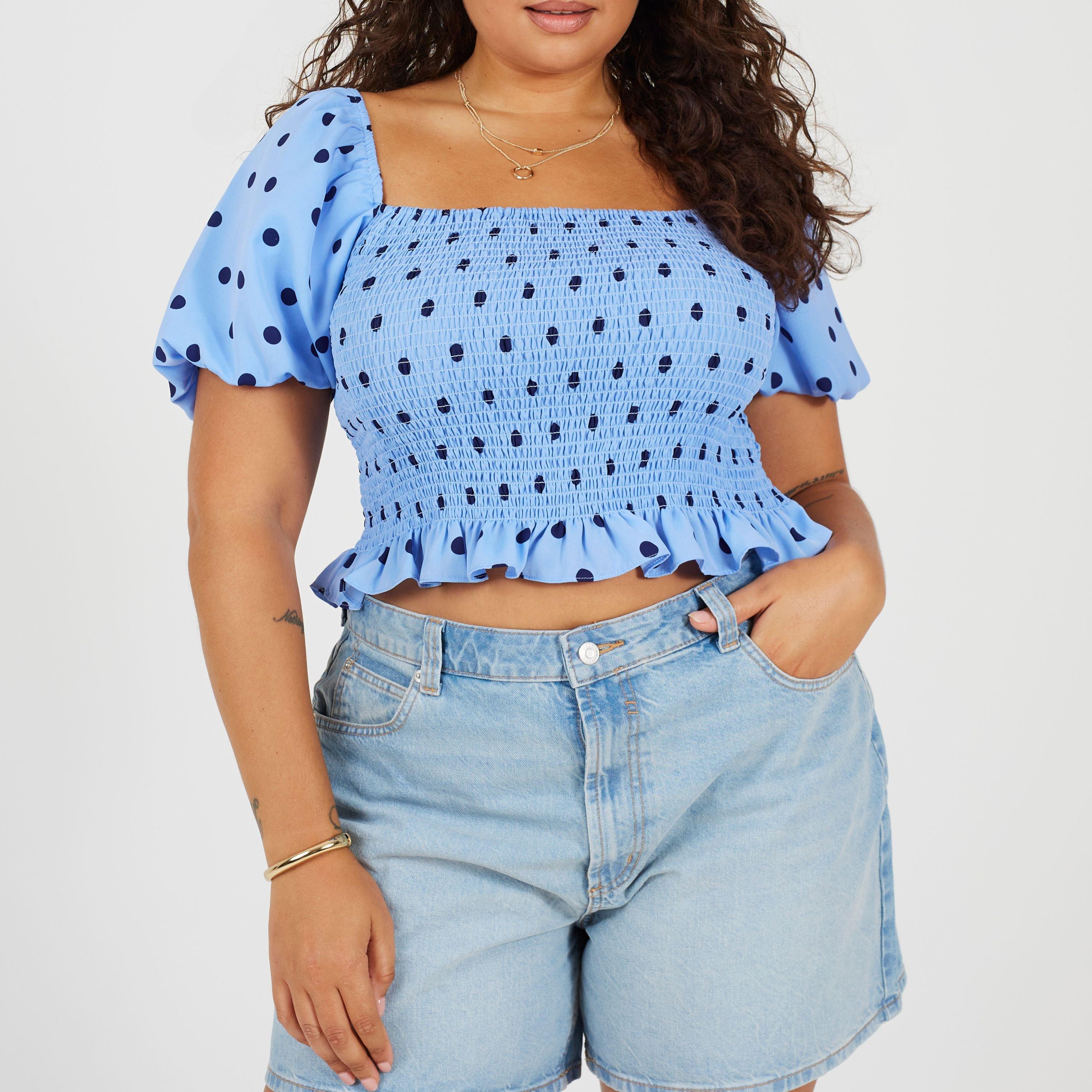 Blue/Navy - Brave Soul - Brave Plus-Size Shirred Bust Polka Dot Top with Puff Sleeves - 1