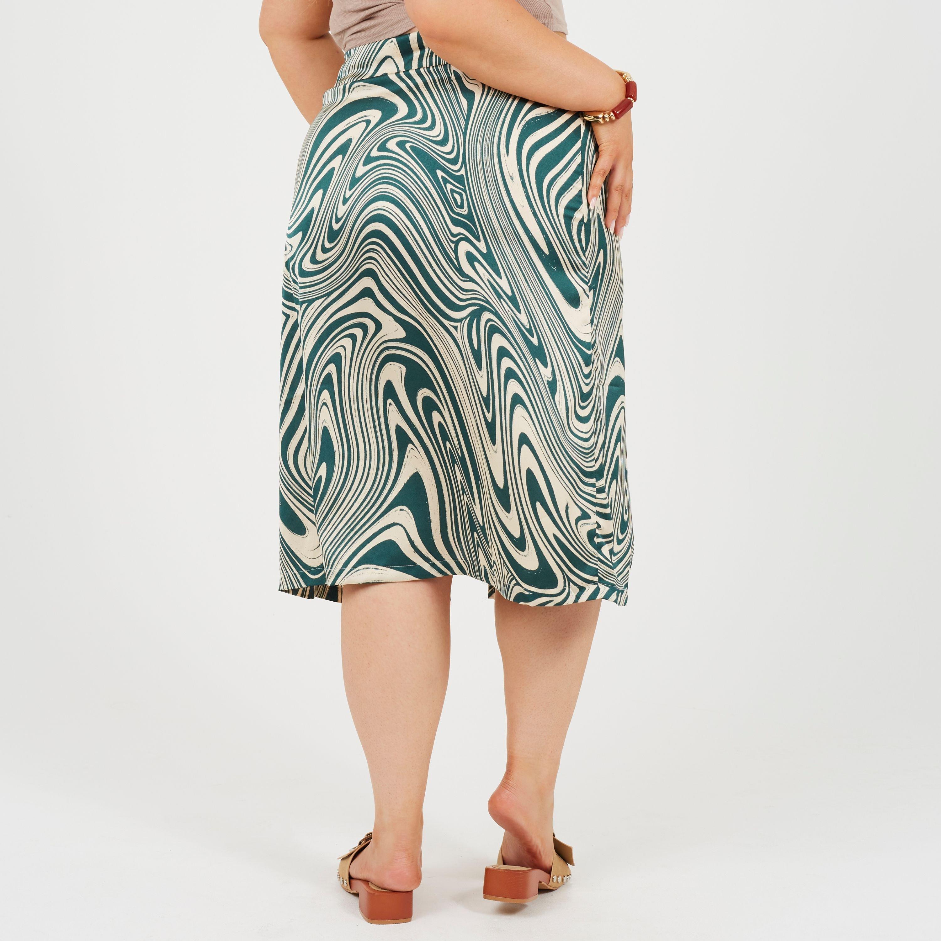 Green Swirl - Brave Soul - Plus Size Swirl Print Skirt with Side Split & Button Detail - 2