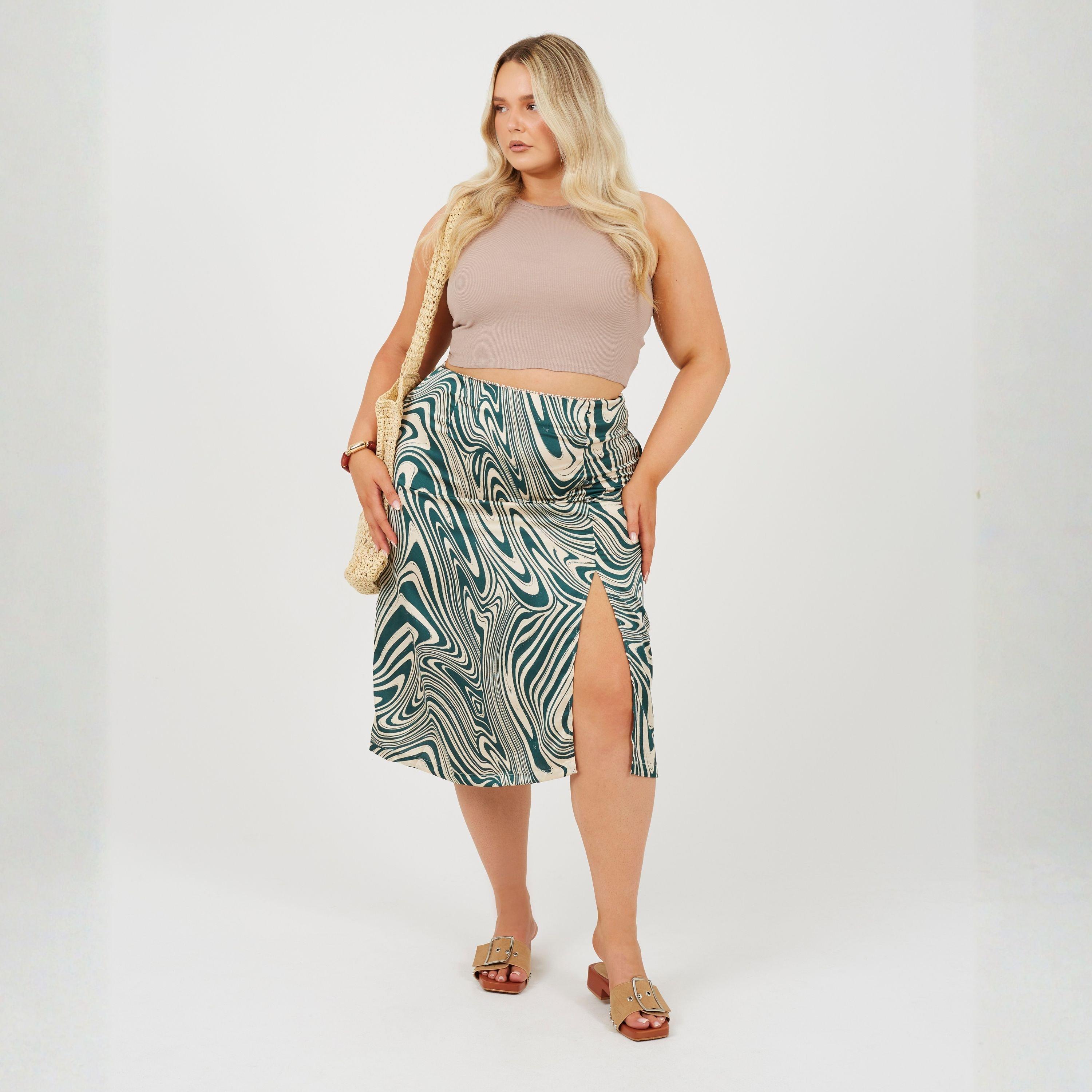 Green Swirl - Brave Soul - Plus Size Swirl Print Skirt with Side Split & Button Detail - 4