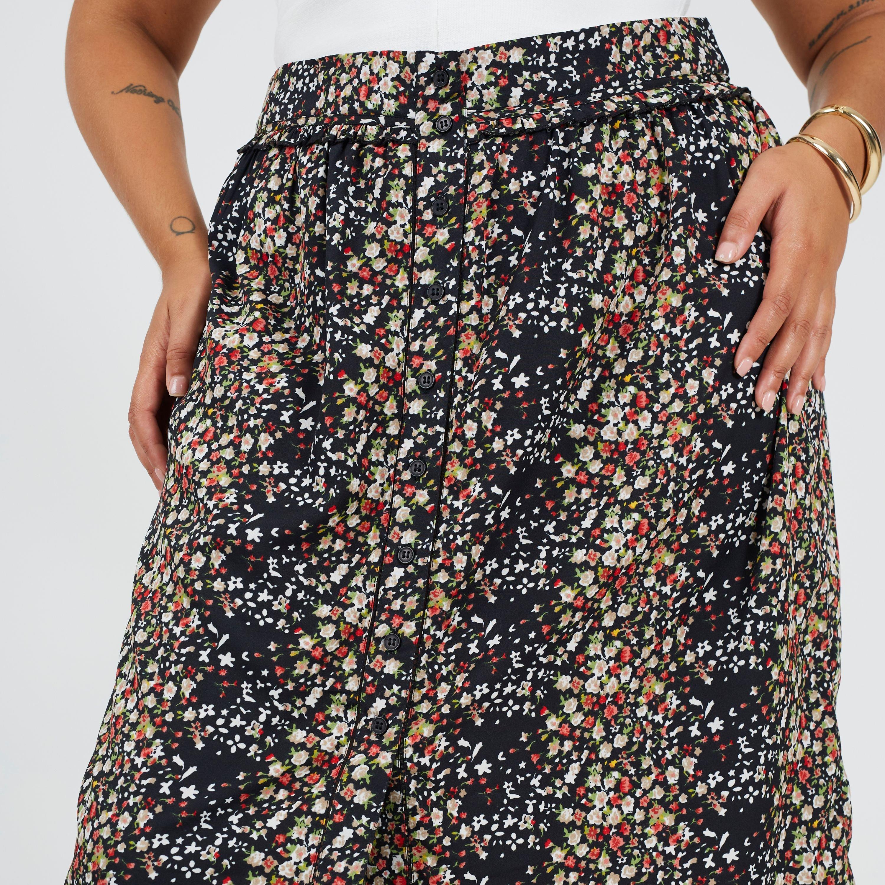 Black Floral - Brave Soul - Womens Plus Size All Over Print Midi Skirt - 3