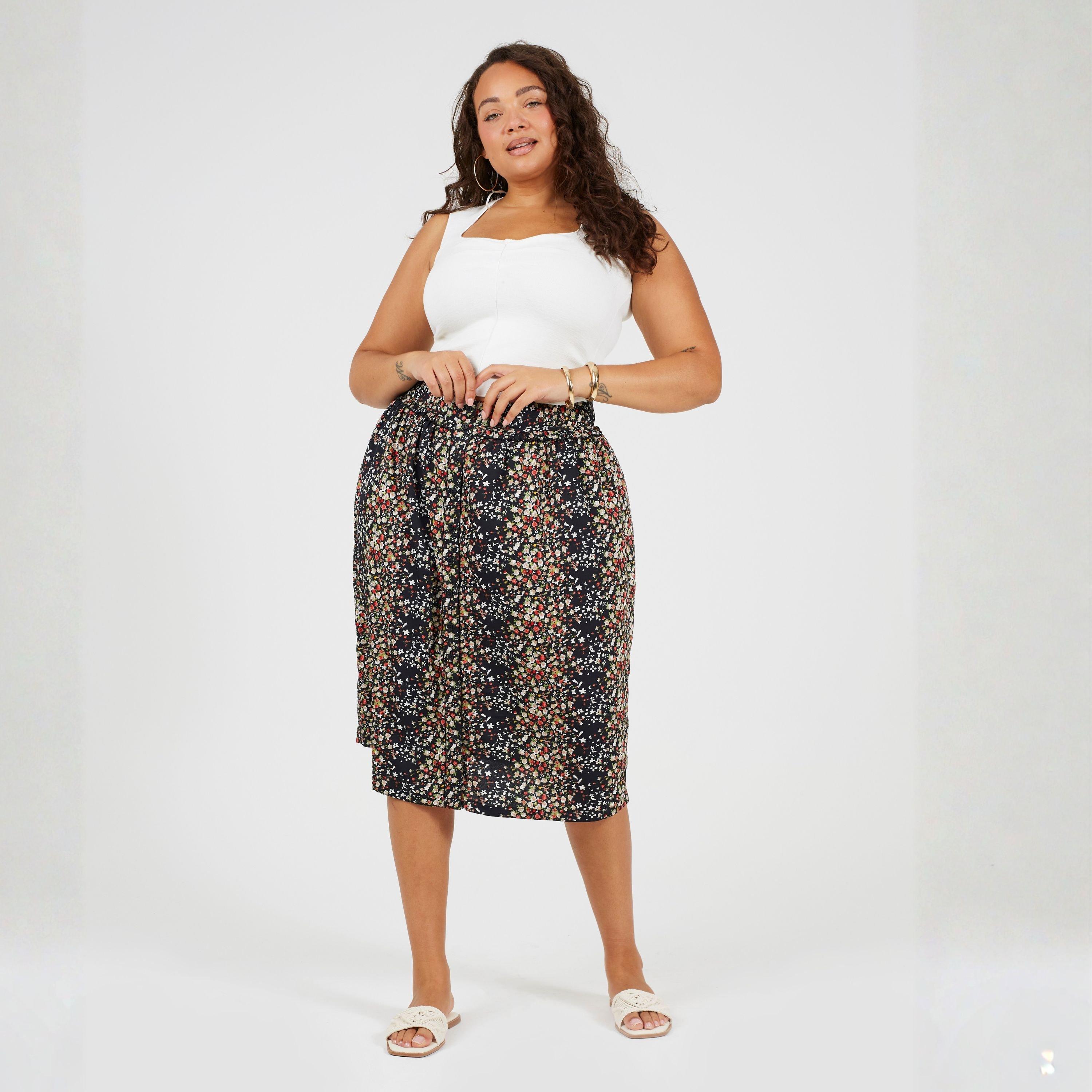 Black Floral - Brave Soul - Womens Plus Size All Over Print Midi Skirt - 4