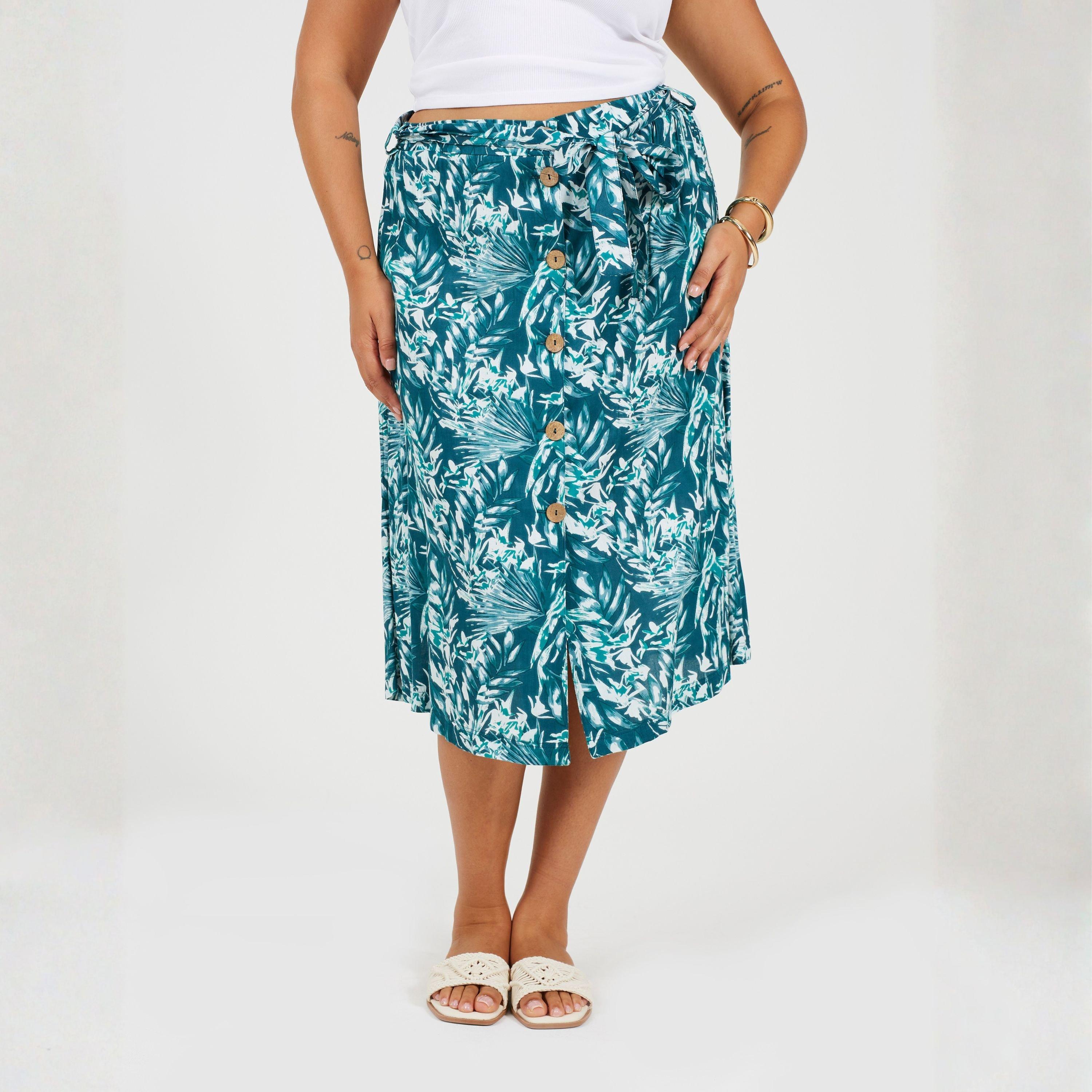 Green Leaf - Brave Soul - Womens Plus Size All Over Print Midi Skirt - 1